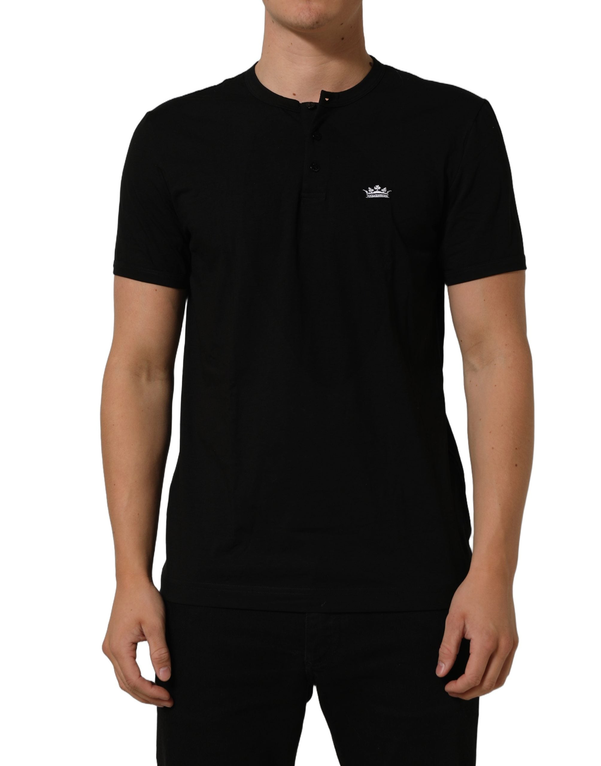 Dolce & Gabbana Black Crown Short Sleeved Henley Men T-shirt Dolce & Gabbana