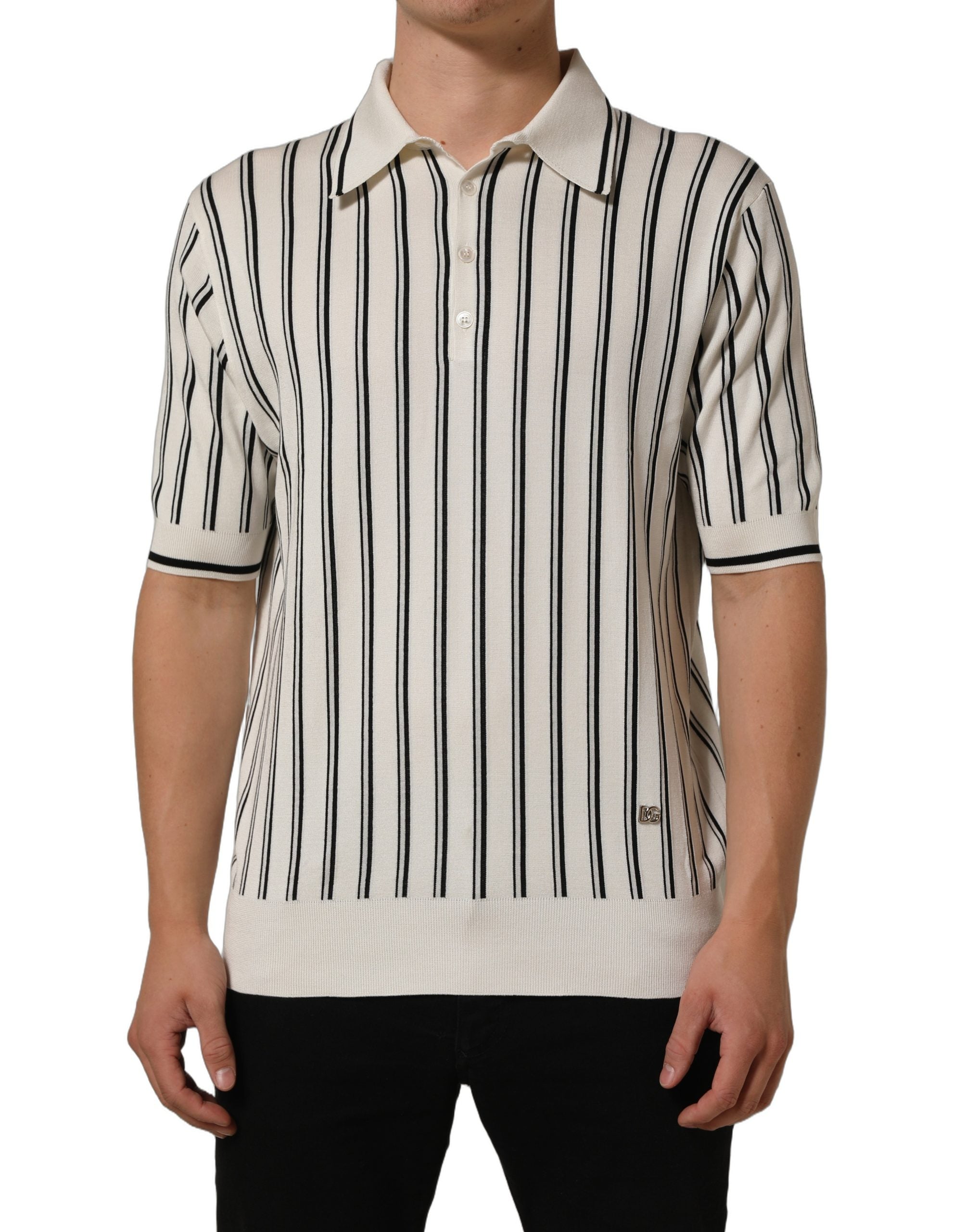 Dolce & Gabbana White Black Stripe Collared Polo T-shirt Dolce & Gabbana