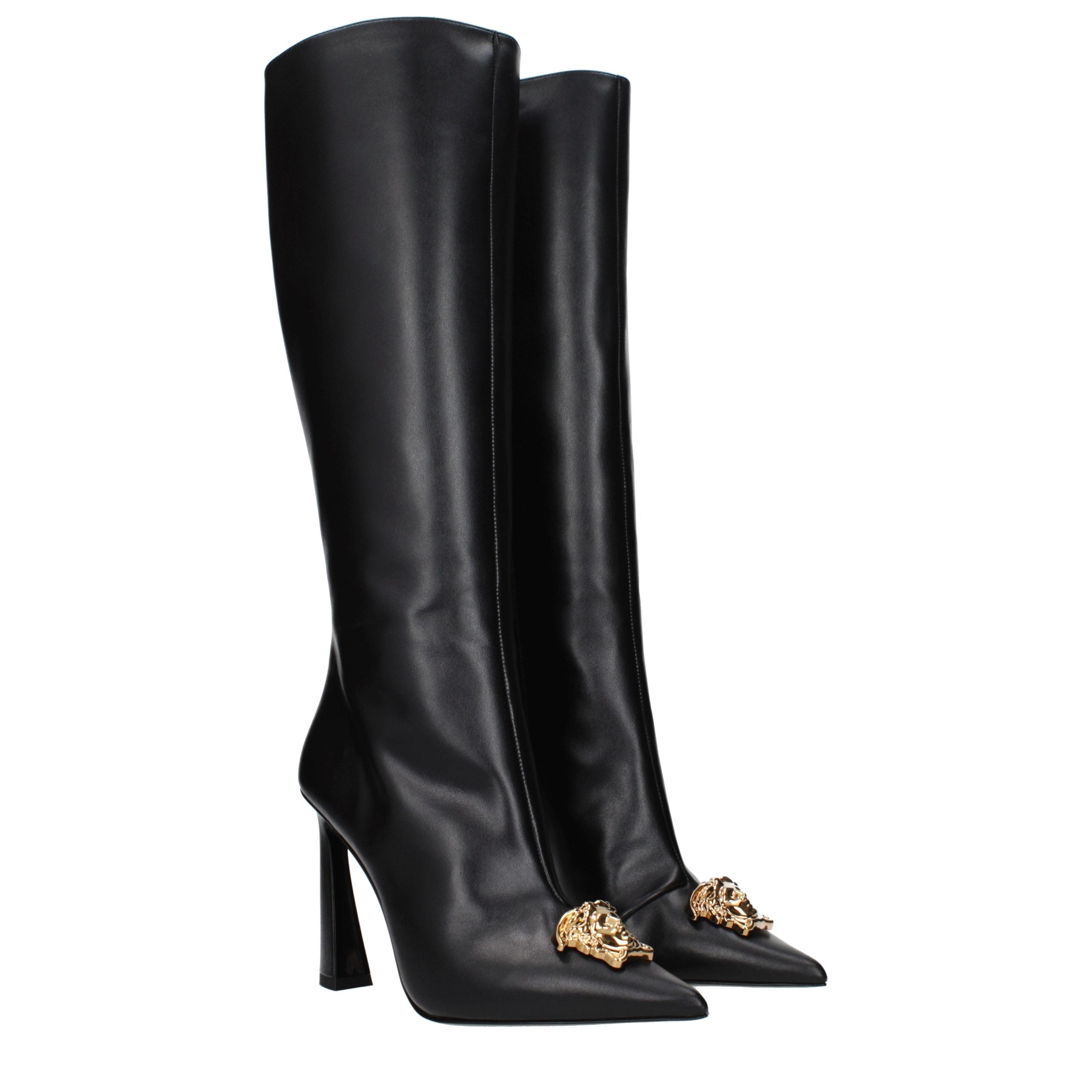 Versace Black Leather High Heel Boots Versace