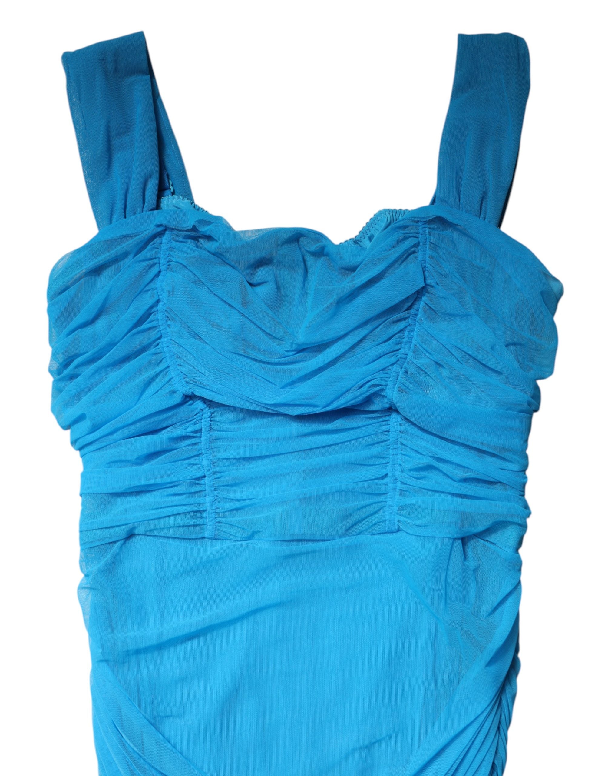 Dolce & Gabbana Blue Ruched Tulle Midi Square Neck Dress Dolce & Gabbana