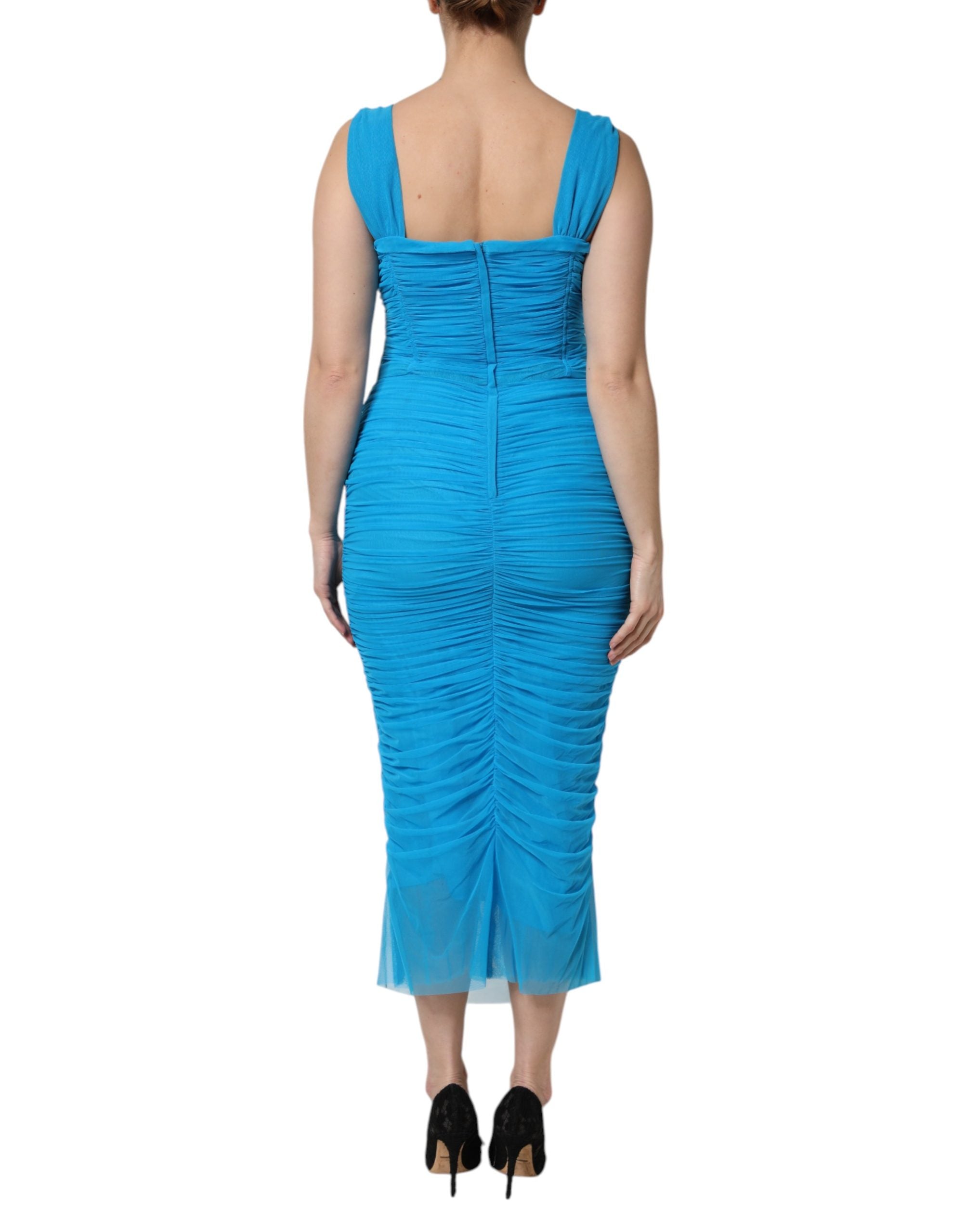 Dolce & Gabbana Blue Ruched Tulle Midi Square Neck Dress Dolce & Gabbana