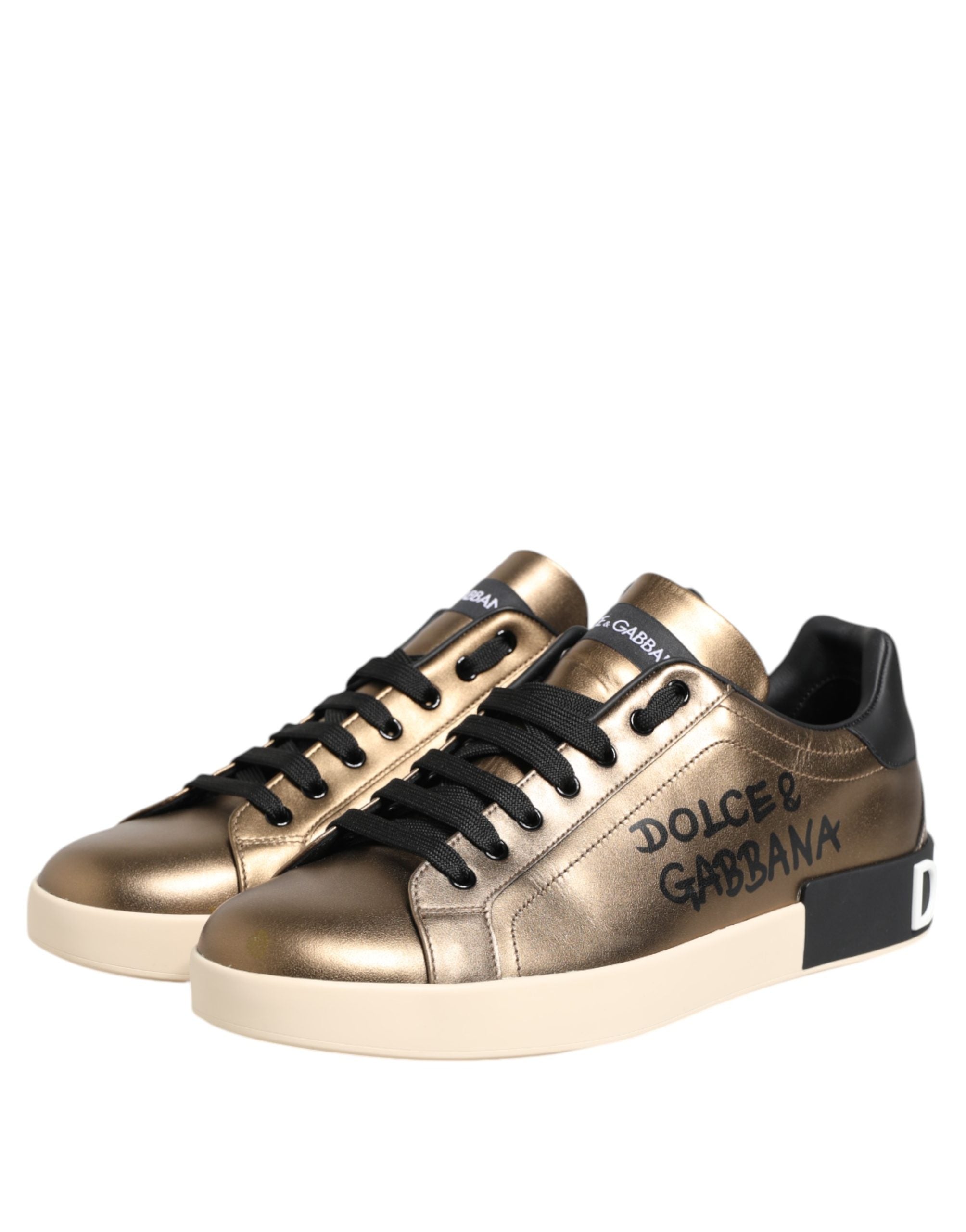 Dolce & Gabbana Gold Portofino Calf Leather Sneakers Shoes Dolce & Gabbana