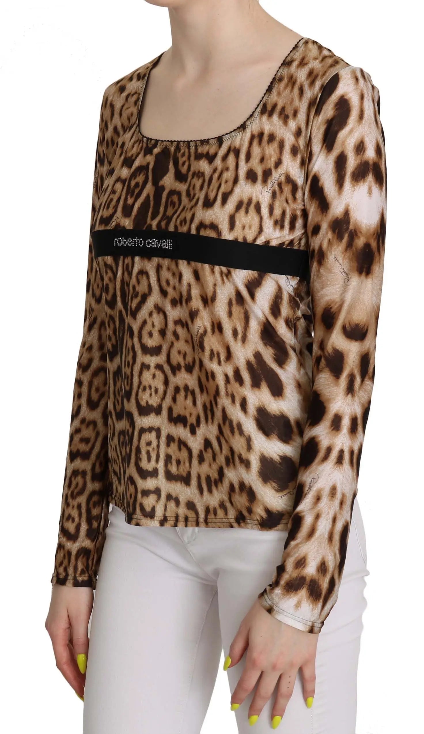 Roberto Cavalli Brown Round Neck Leopard Women Top Blouse Roberto Cavalli