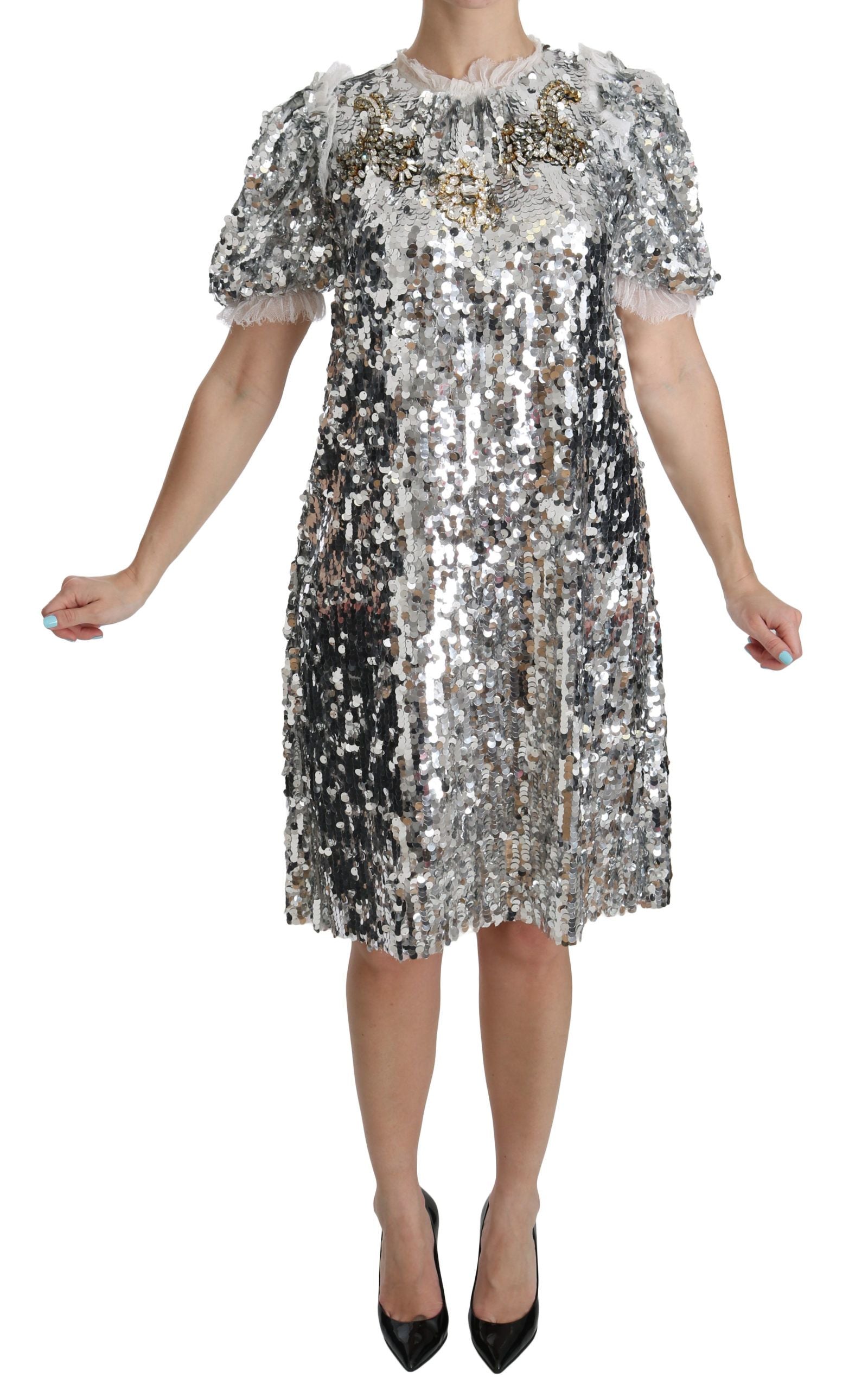 Dolce & Gabbana Silver Sequined Crystal Shift Gown Dress Dolce & Gabbana