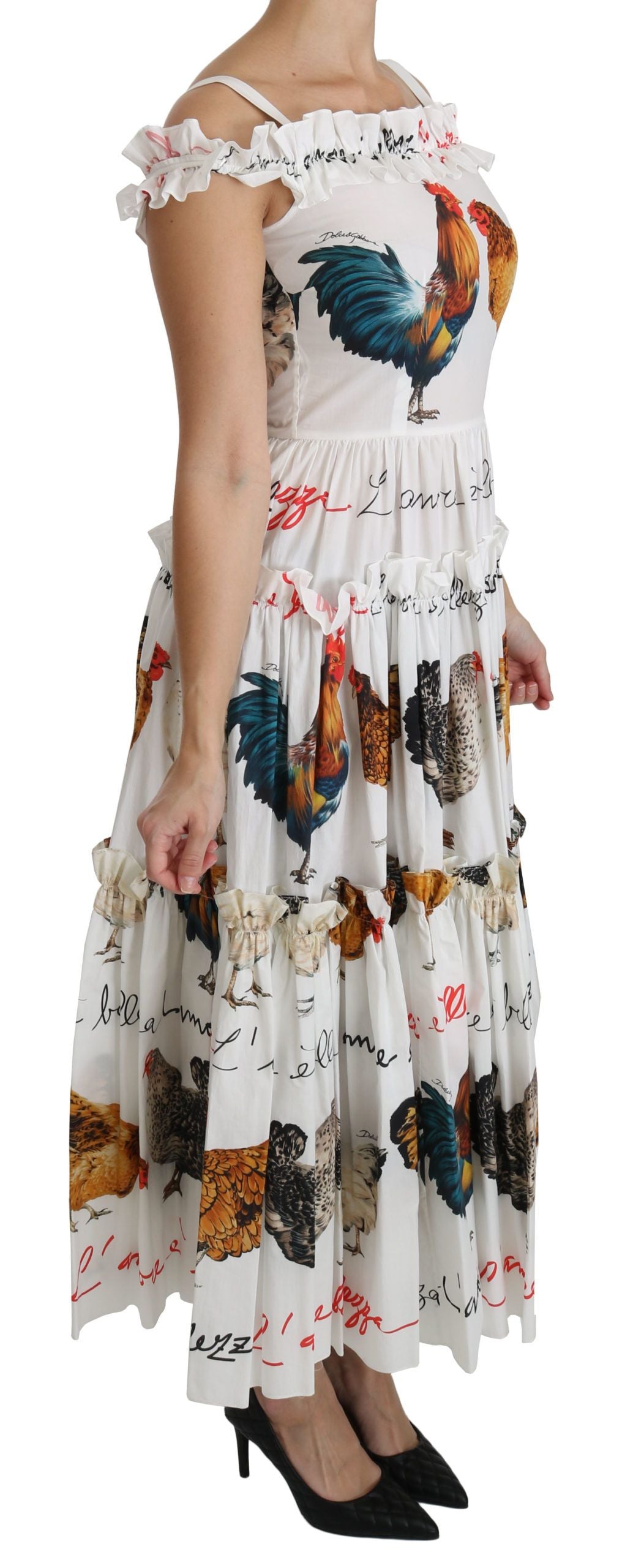 Dolce & Gabbana White Rooster Sheath Midi Cotton Dress Dolce & Gabbana