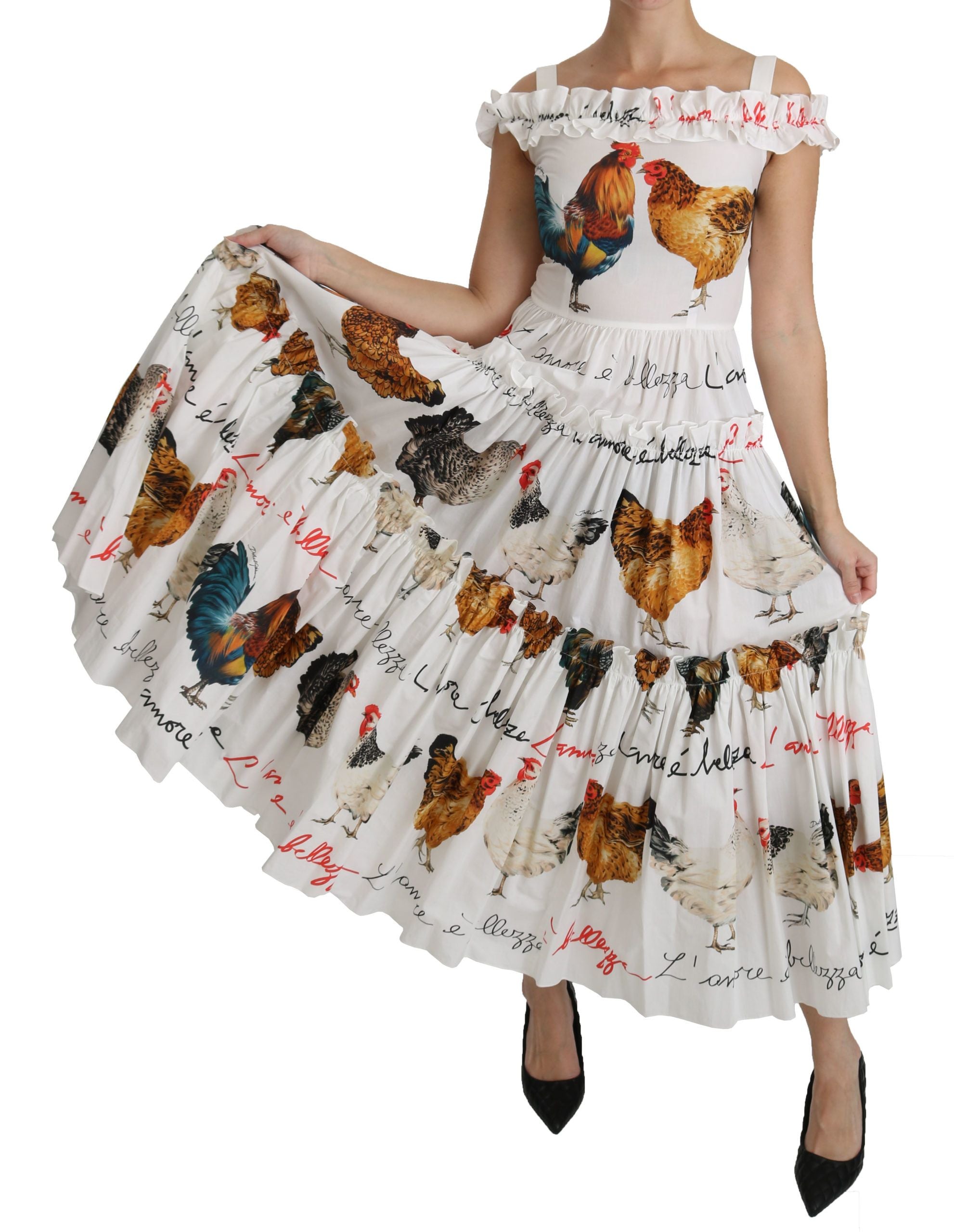 Dolce & Gabbana White Rooster Sheath Midi Cotton Dress Dolce & Gabbana