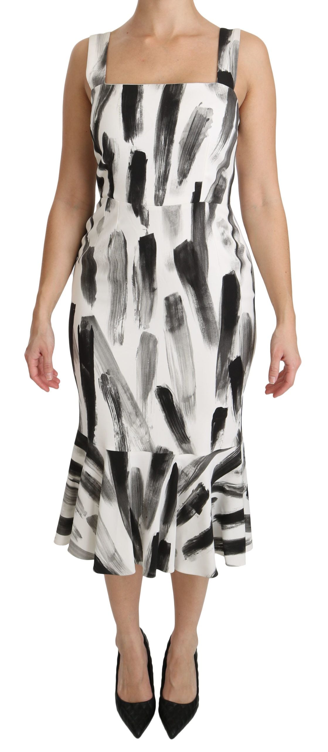 Dolce & Gabbana White Black Printed Sheath Midi Viscose Dress Dolce & Gabbana