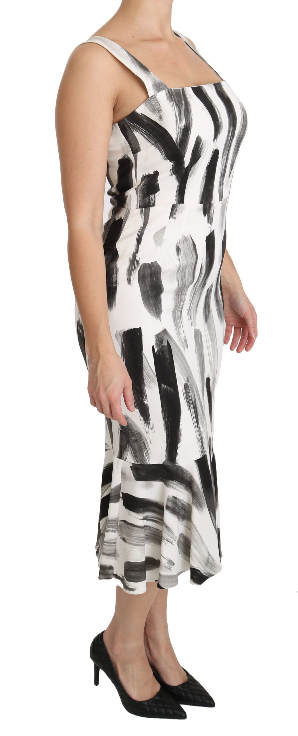 Dolce & Gabbana White Black Printed Sheath Midi Viscose Dress Dolce & Gabbana