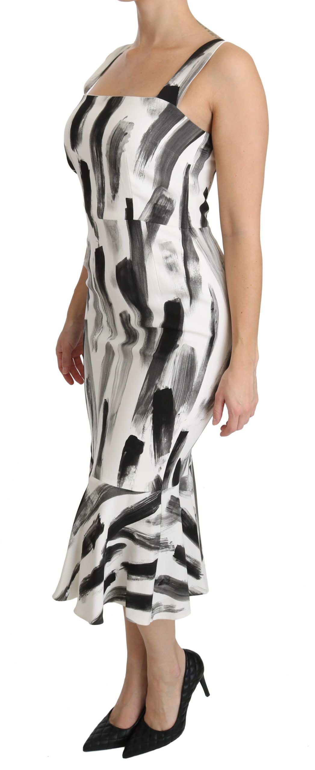 Dolce & Gabbana White Black Printed Sheath Midi Viscose Dress Dolce & Gabbana