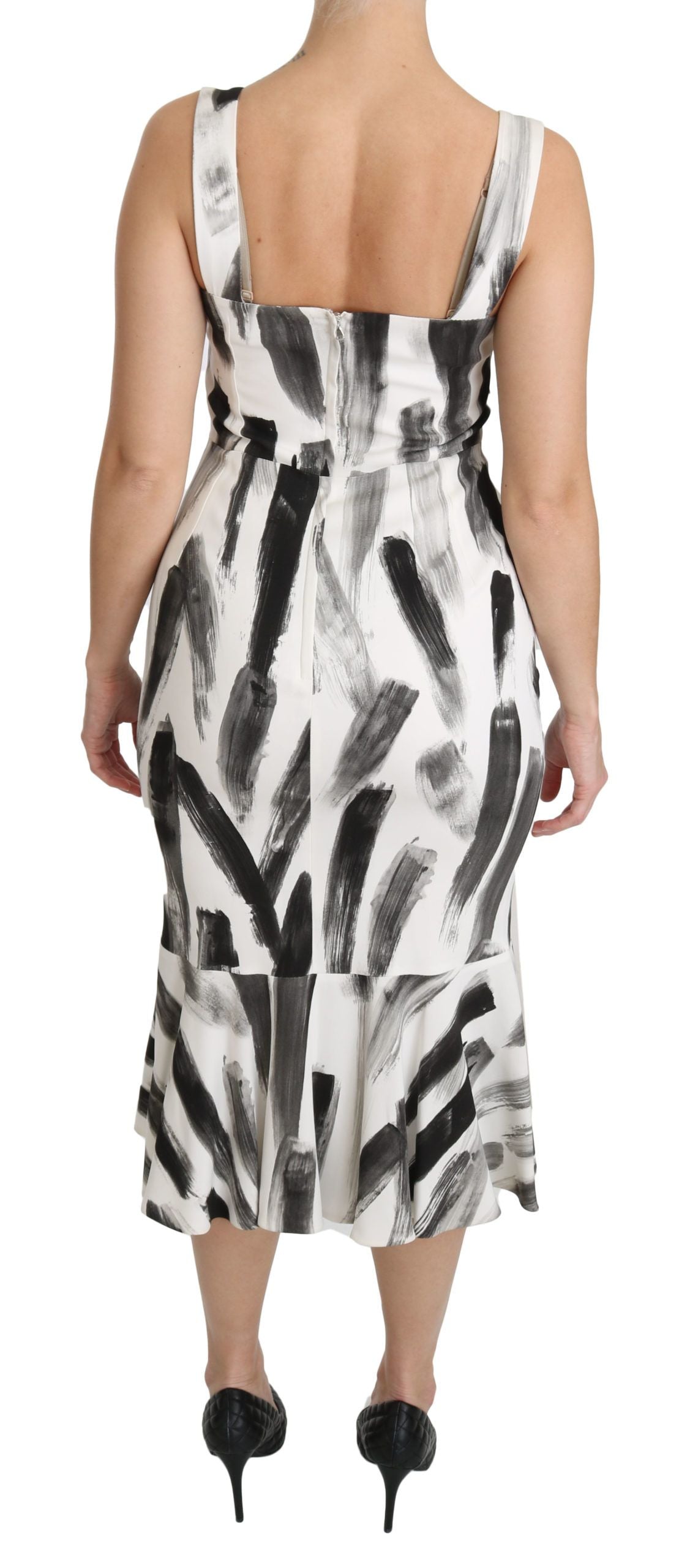 Dolce & Gabbana White Black Printed Sheath Midi Viscose Dress Dolce & Gabbana