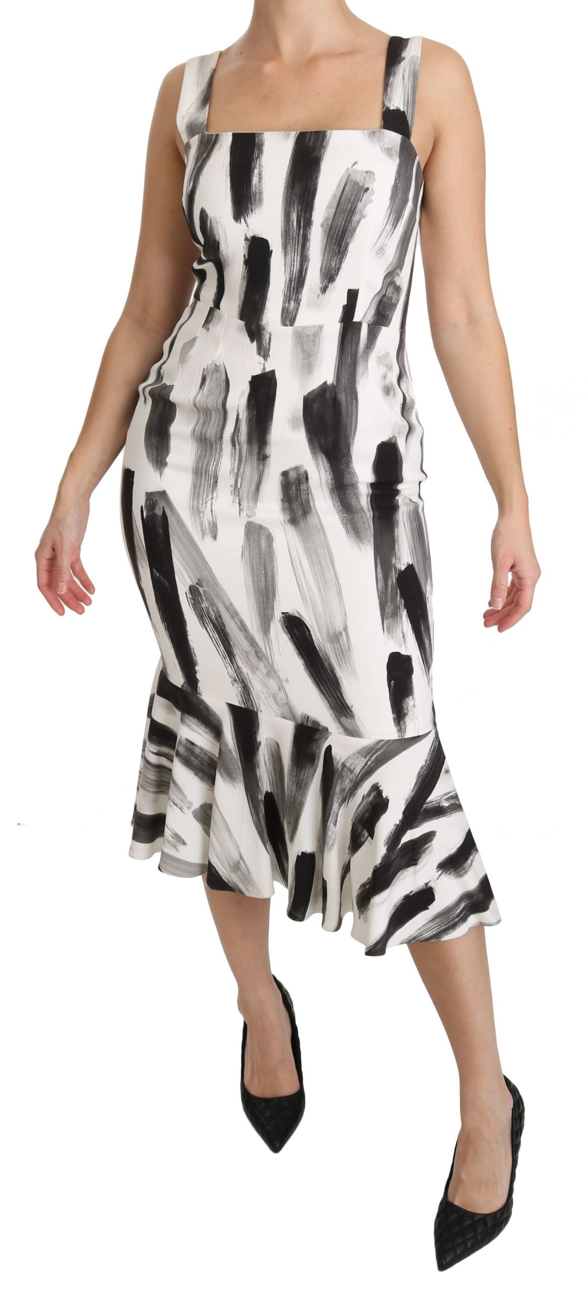 Dolce & Gabbana White Black Printed Sheath Midi Viscose Dress Dolce & Gabbana