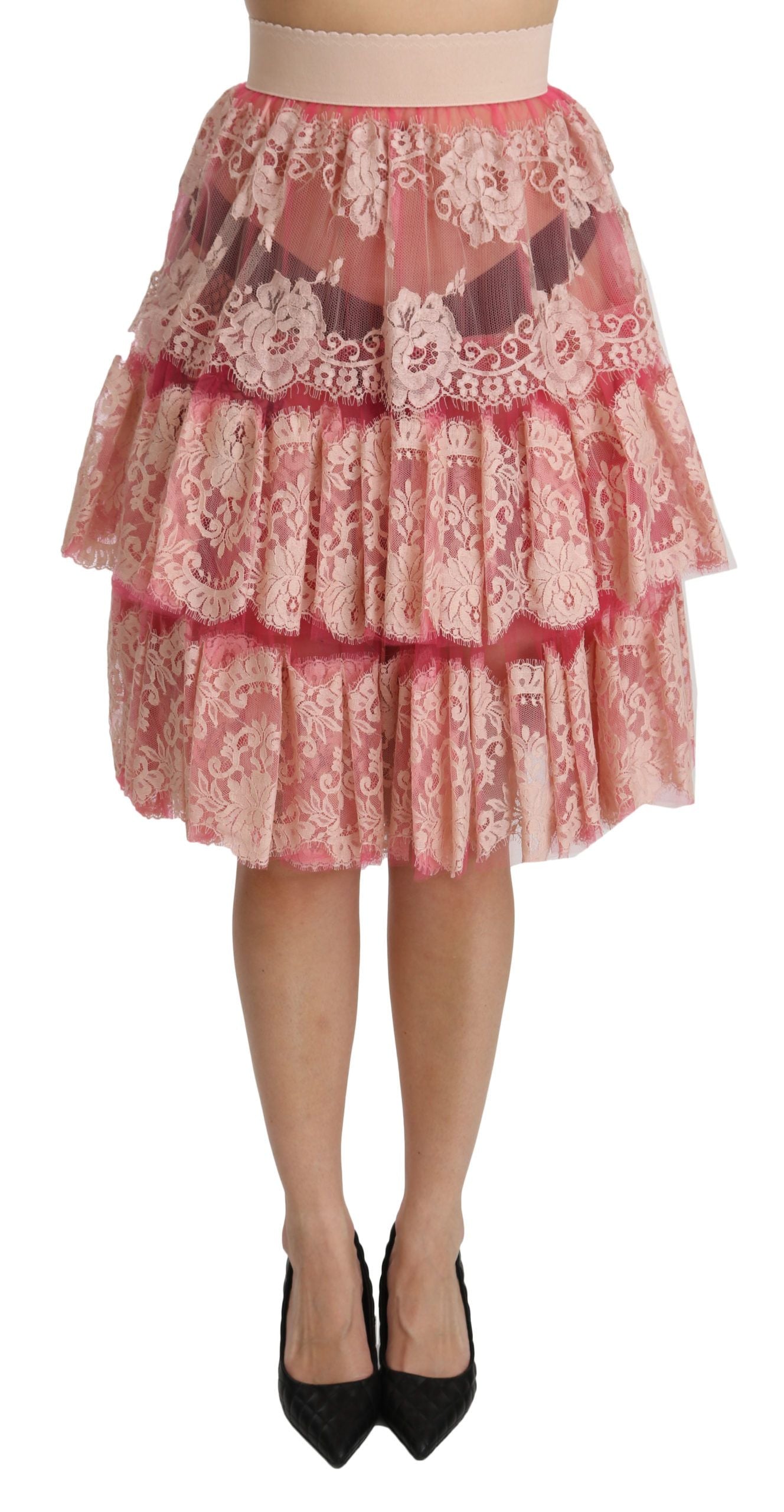 Dolce & Gabbana Pink Lace Layered High Waist Knee Length Skirt Dolce & Gabbana