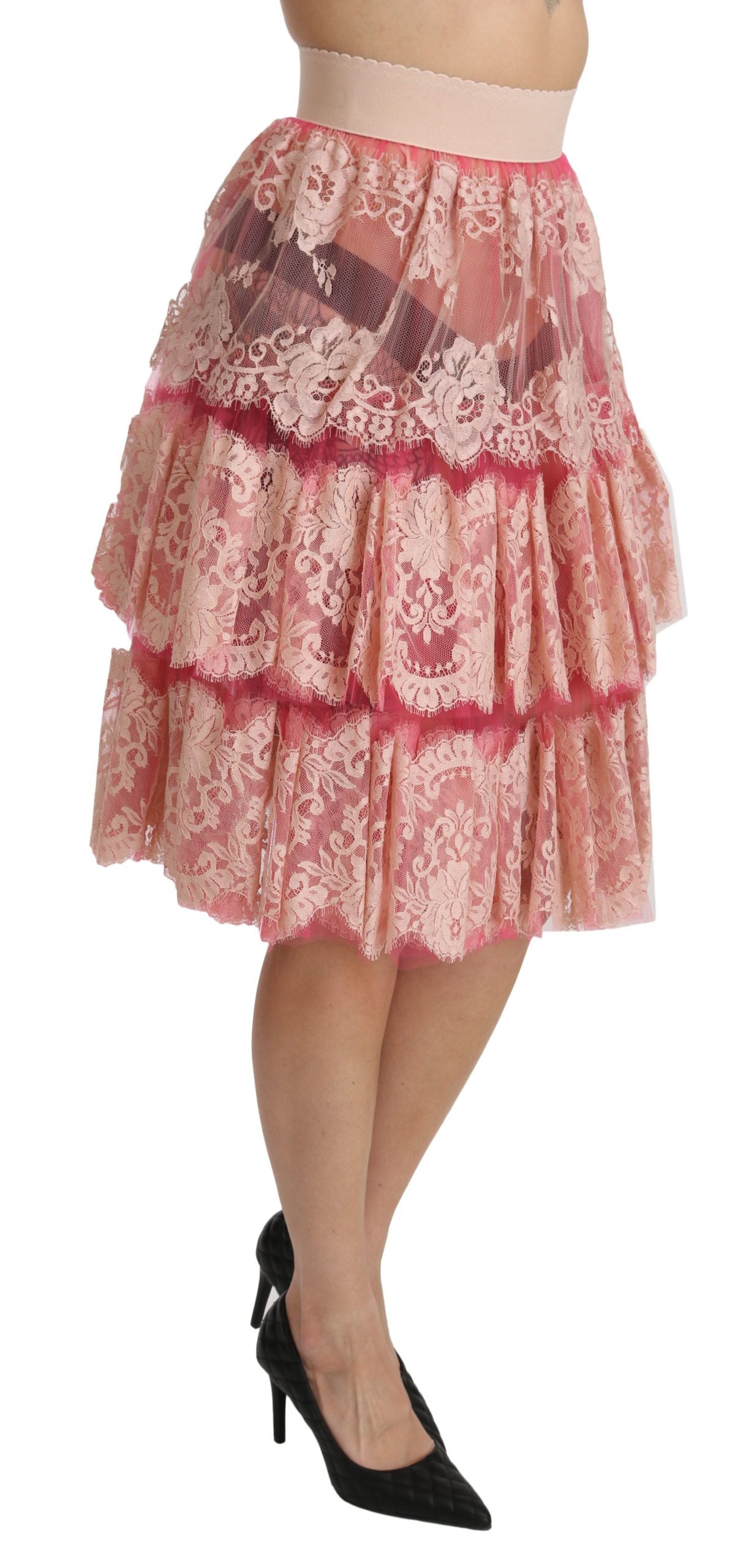 Dolce & Gabbana Pink Lace Layered High Waist Knee Length Skirt Dolce & Gabbana