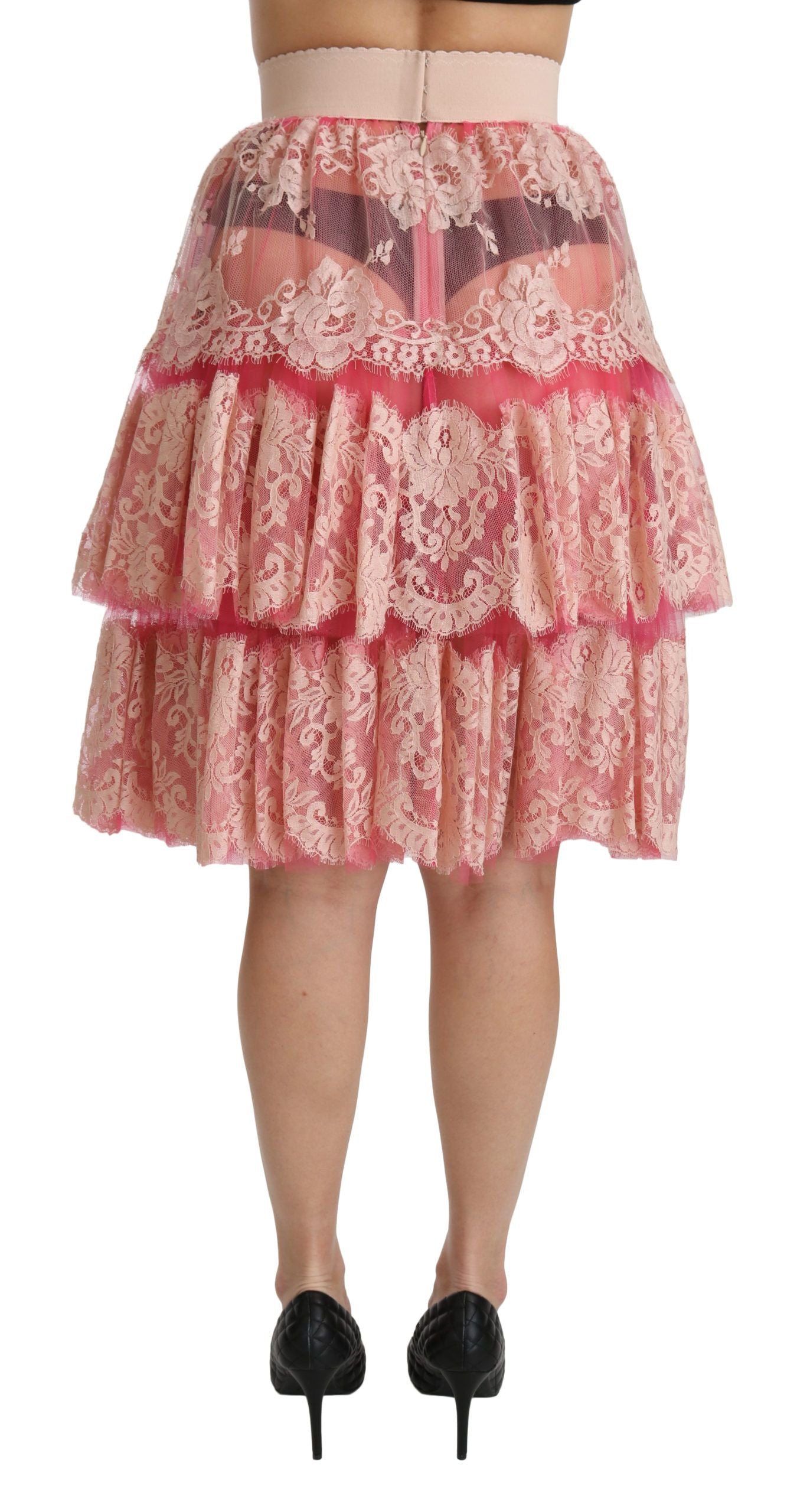 Dolce & Gabbana Pink Lace Layered High Waist Knee Length Skirt Dolce & Gabbana