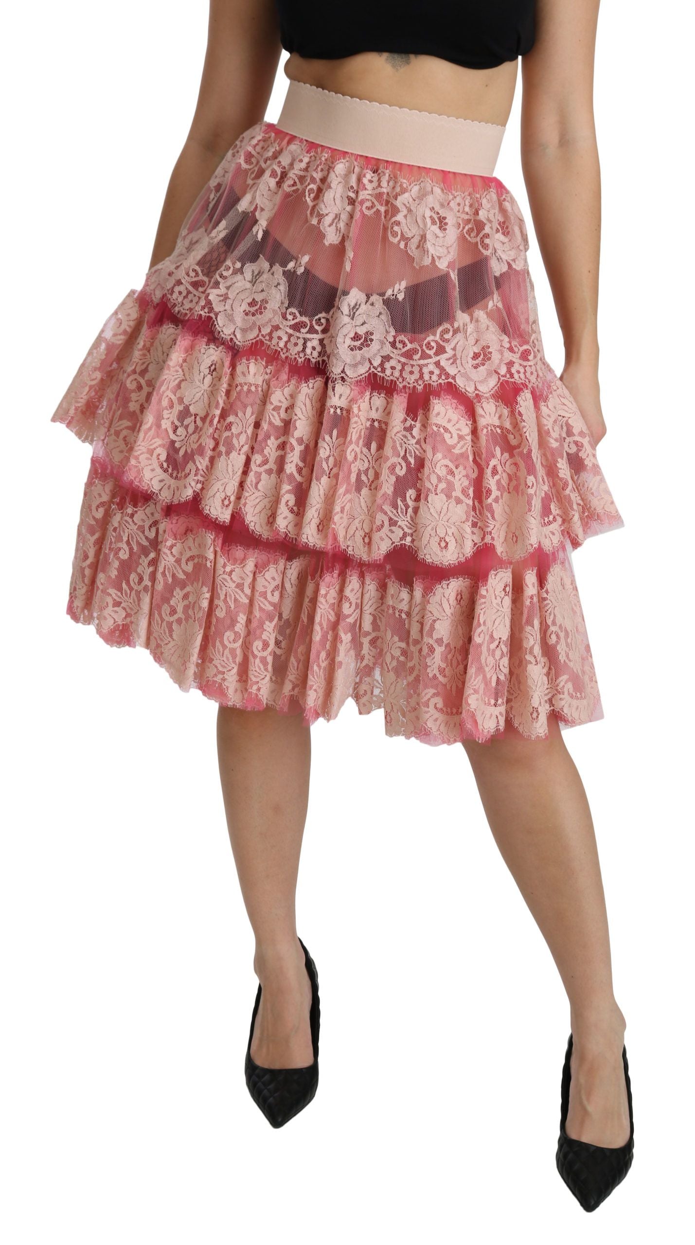 Dolce & Gabbana Pink Lace Layered High Waist Knee Length Skirt Dolce & Gabbana