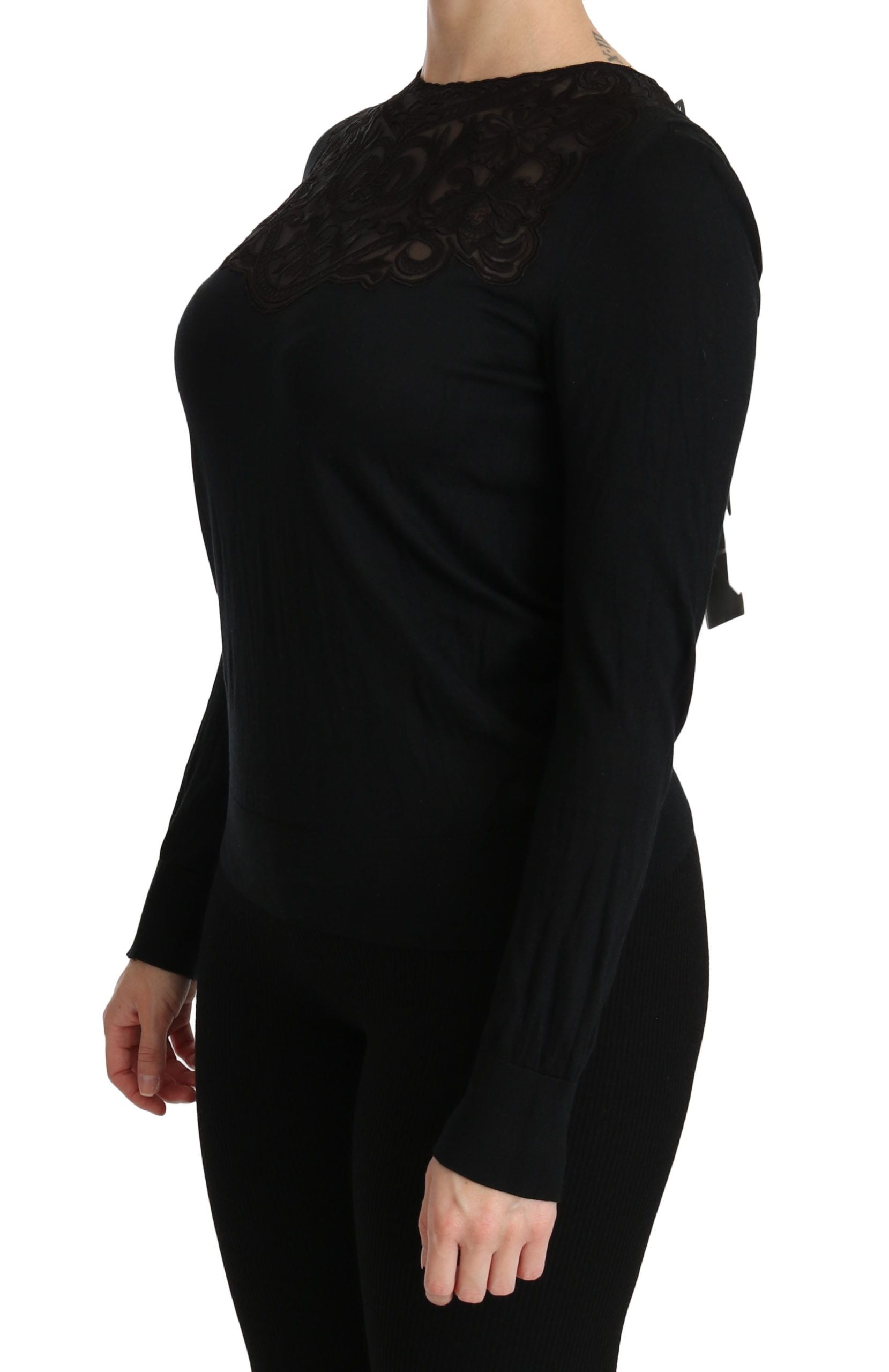 Dolce & Gabbana Black Silk Lace Crew Neck Long Sleeve Blouse Dolce & Gabbana