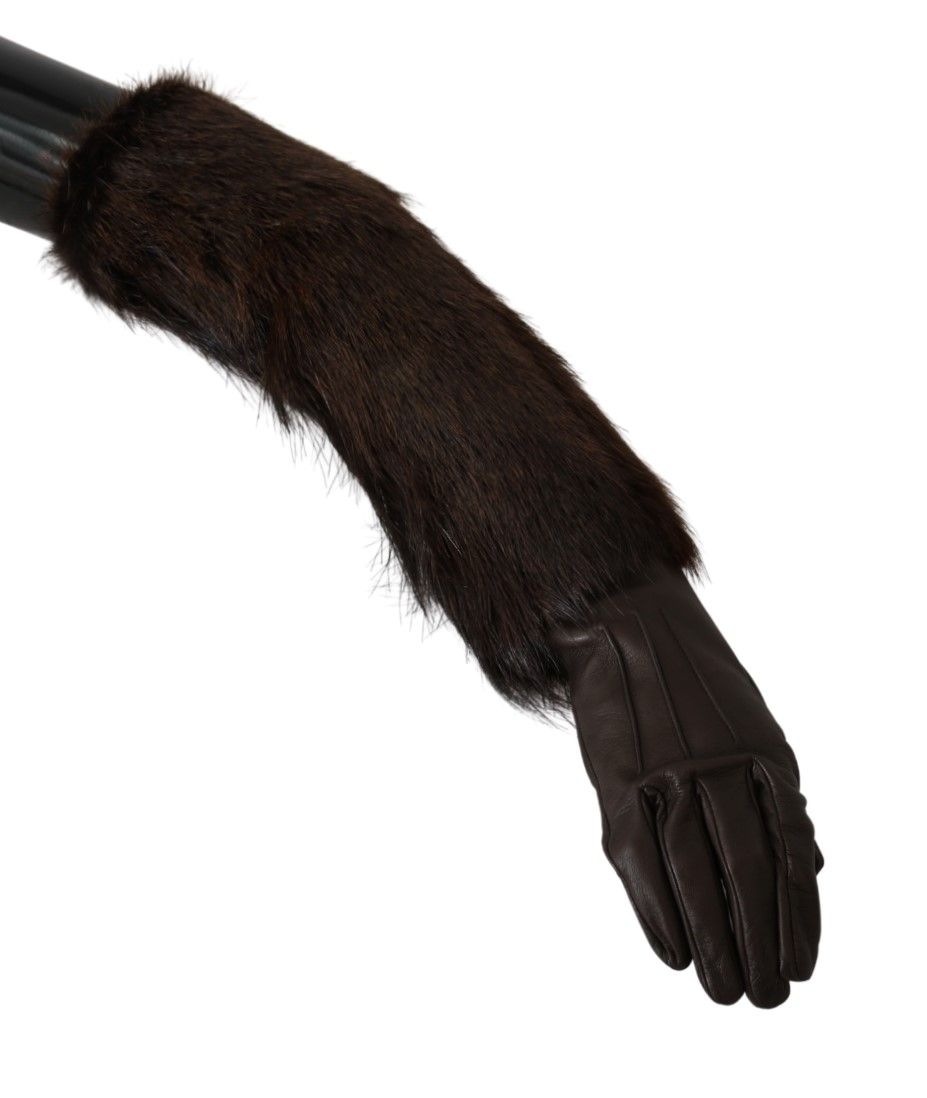 Dolce & Gabbana Brown Elbow Length Mittens Leather Fur Gloves Dolce & Gabbana