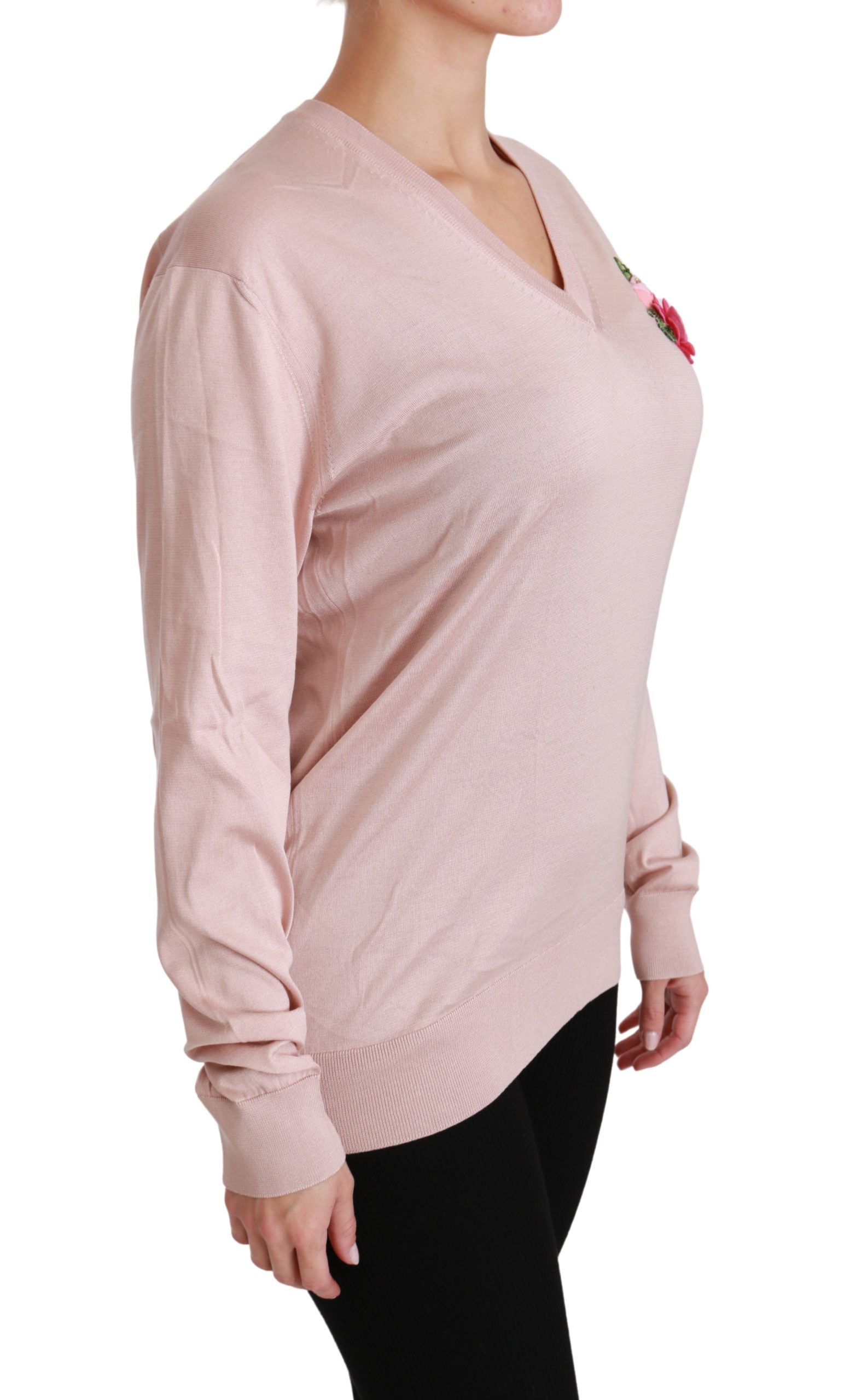 Dolce & Gabbana Pink Floral Embellished Pullover Silk Sweater Dolce & Gabbana