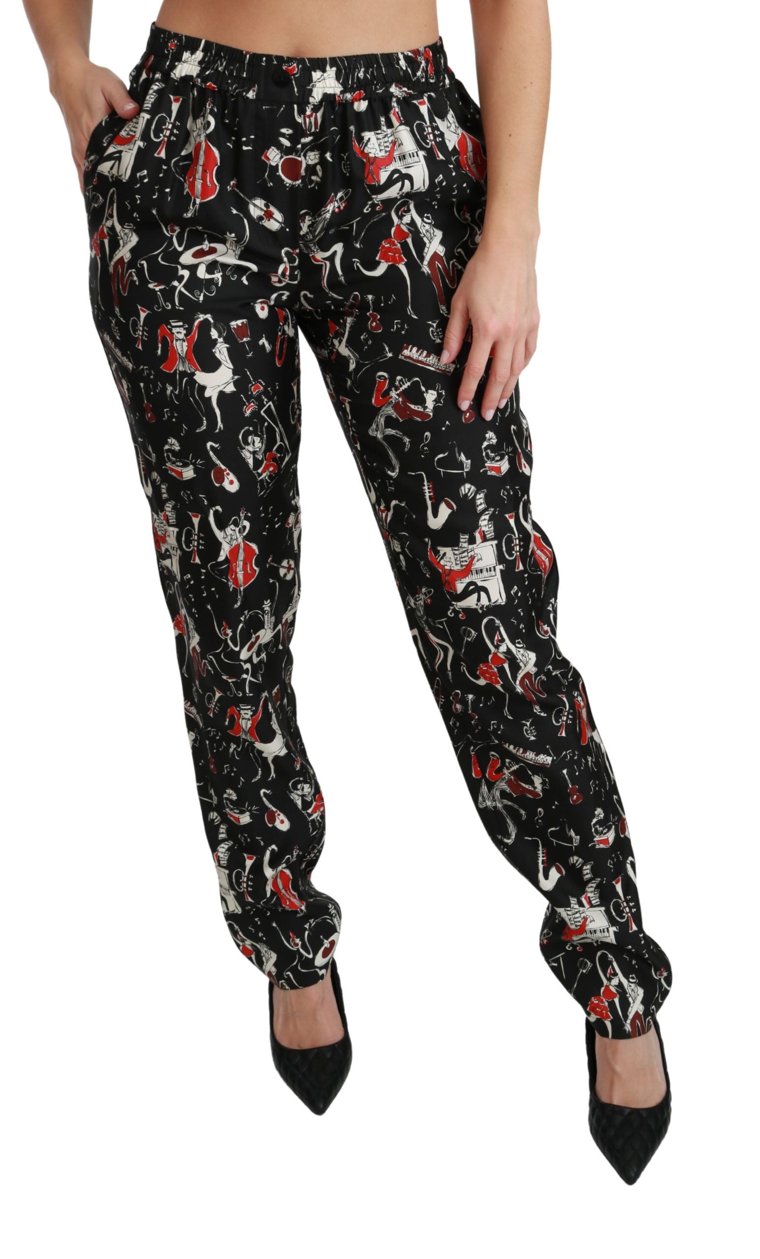Dolce & Gabbana Black Silk Instrument Mid Waist Pants Dolce & Gabbana