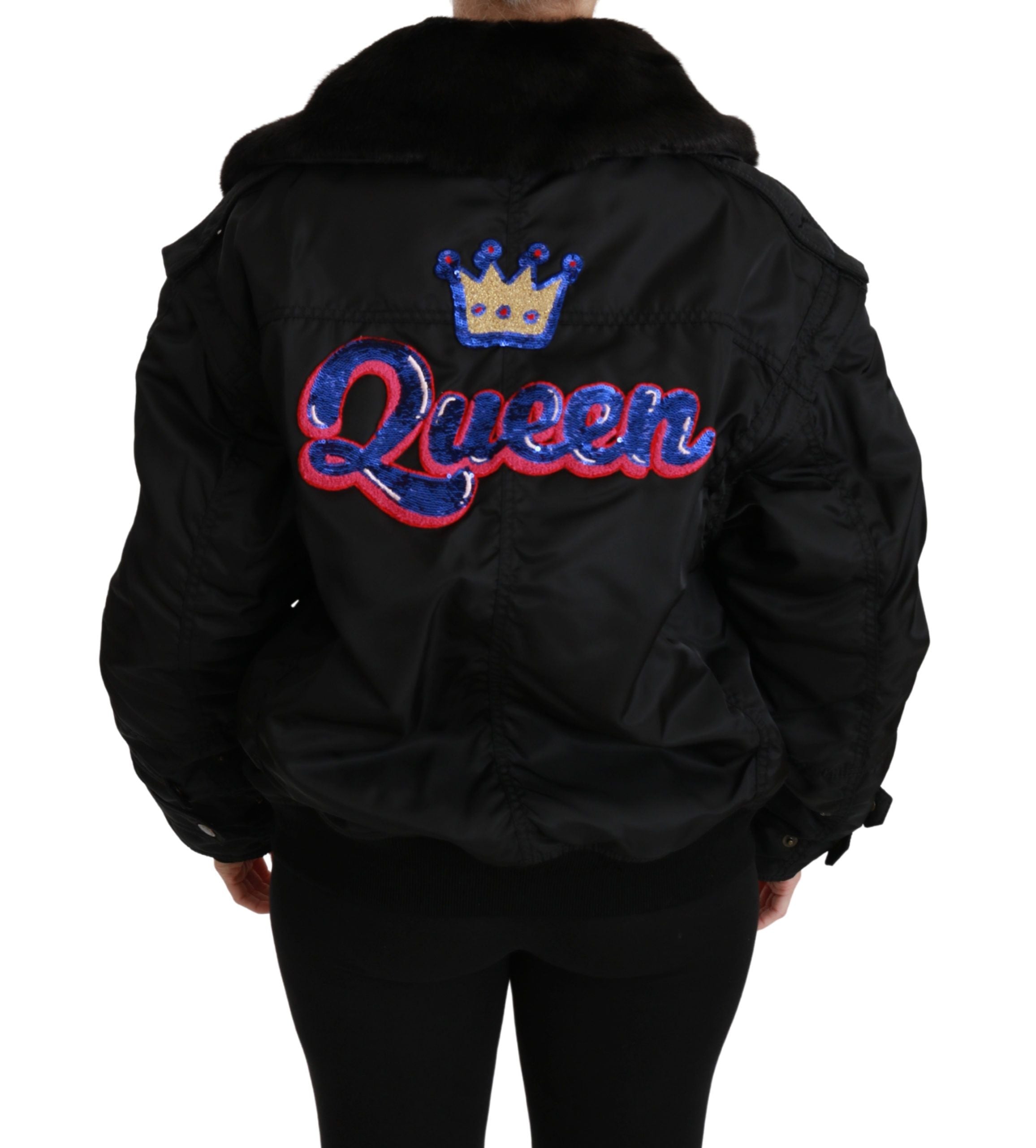 Dolce & Gabbana Black Queen Crown Sequined Bomber Jacket Dolce & Gabbana