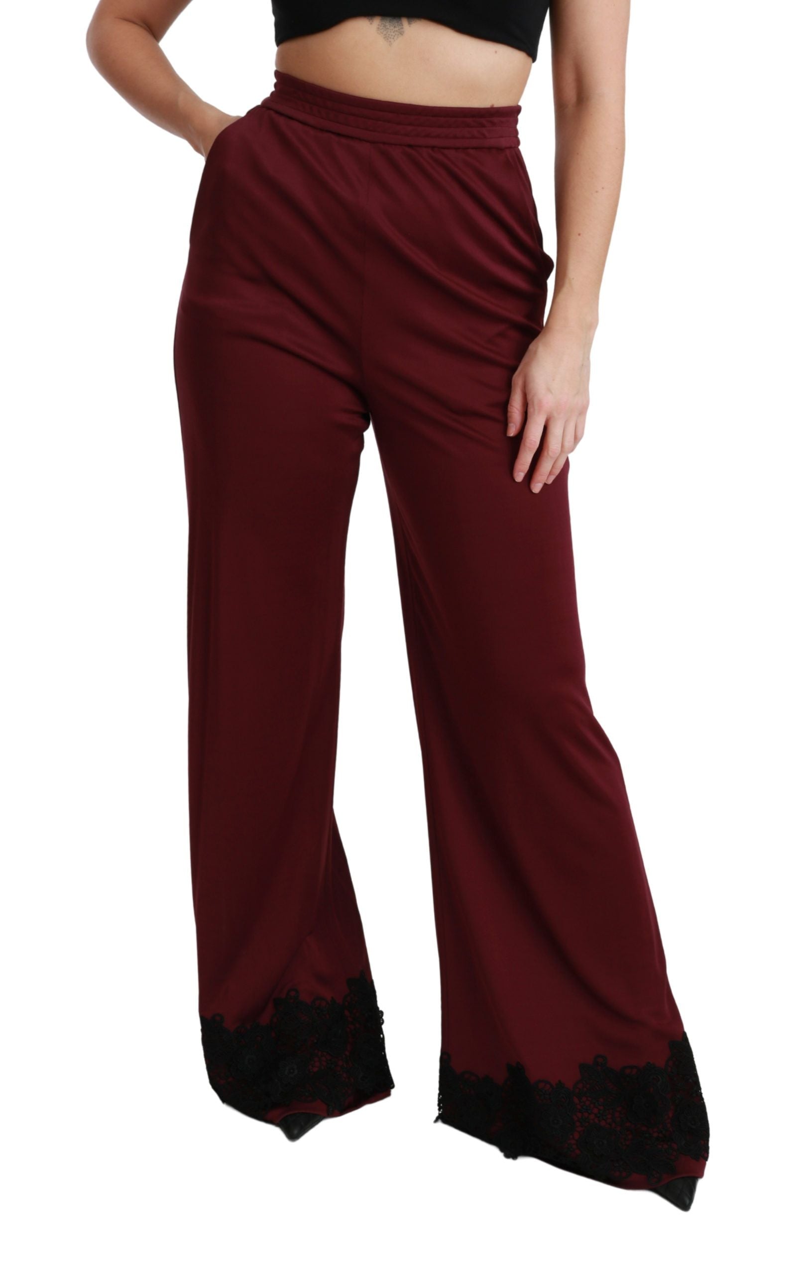 Dolce & Gabbana Black Lace High Waist Wide Leg Maroon  Pants Dolce & Gabbana