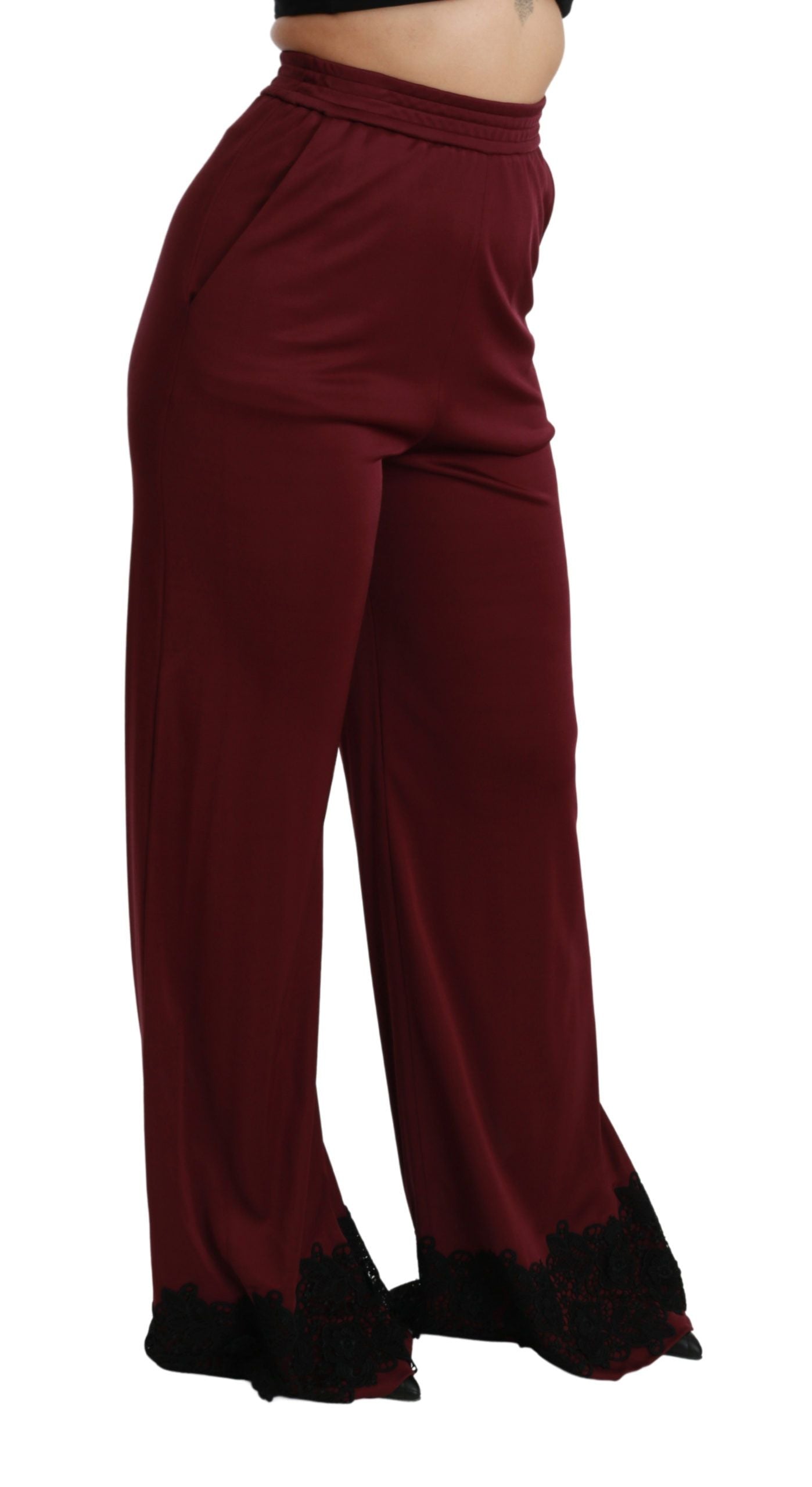 Dolce & Gabbana Black Lace High Waist Wide Leg Maroon  Pants Dolce & Gabbana