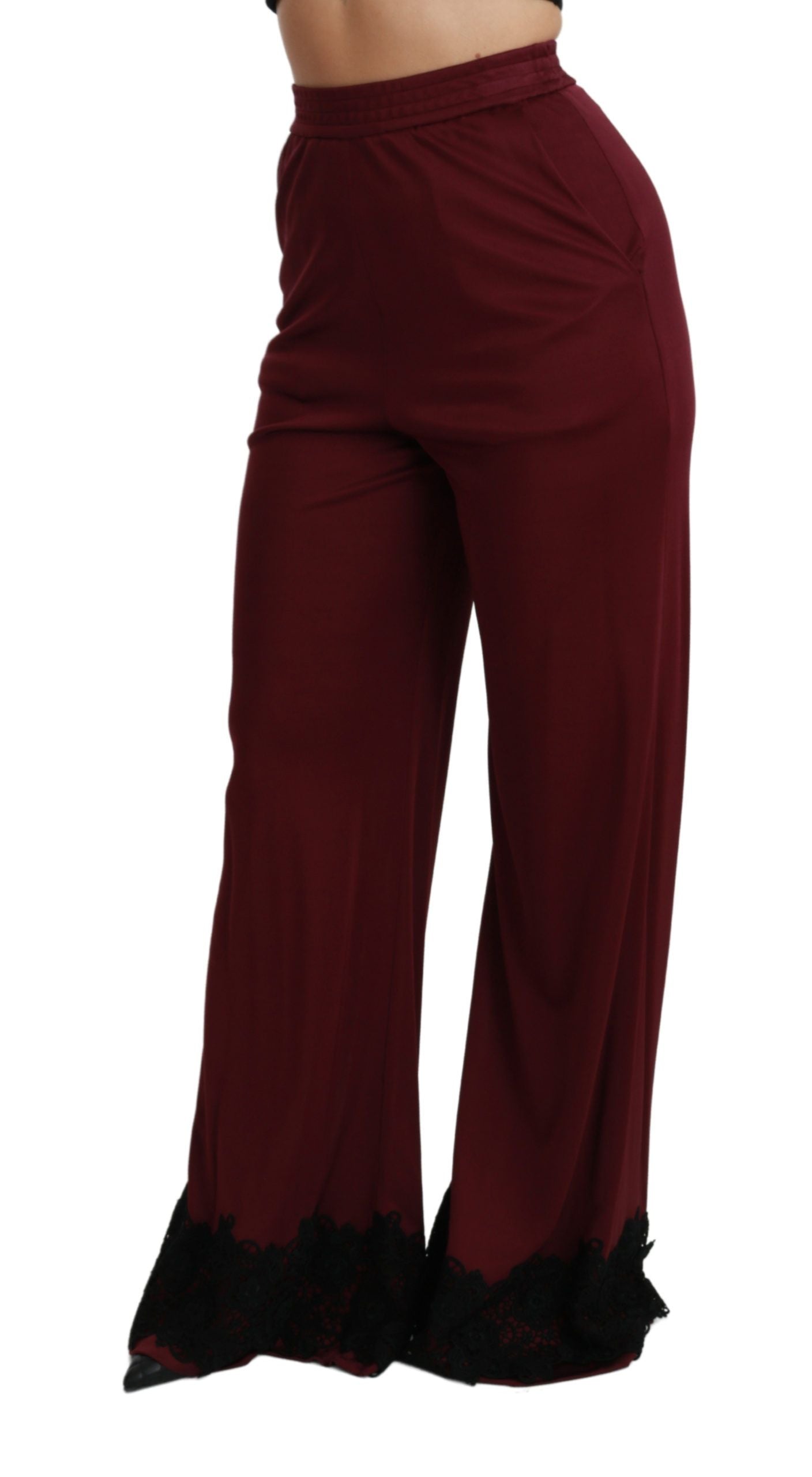 Dolce & Gabbana Black Lace High Waist Wide Leg Maroon  Pants Dolce & Gabbana