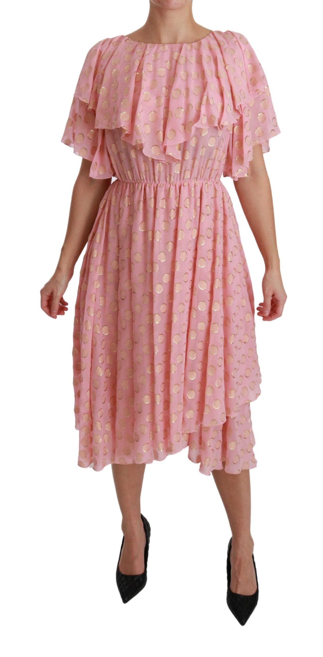 Dolce & Gabbana Silk Pink Polka Dots Pleated A-line Midi Dress Dolce & Gabbana