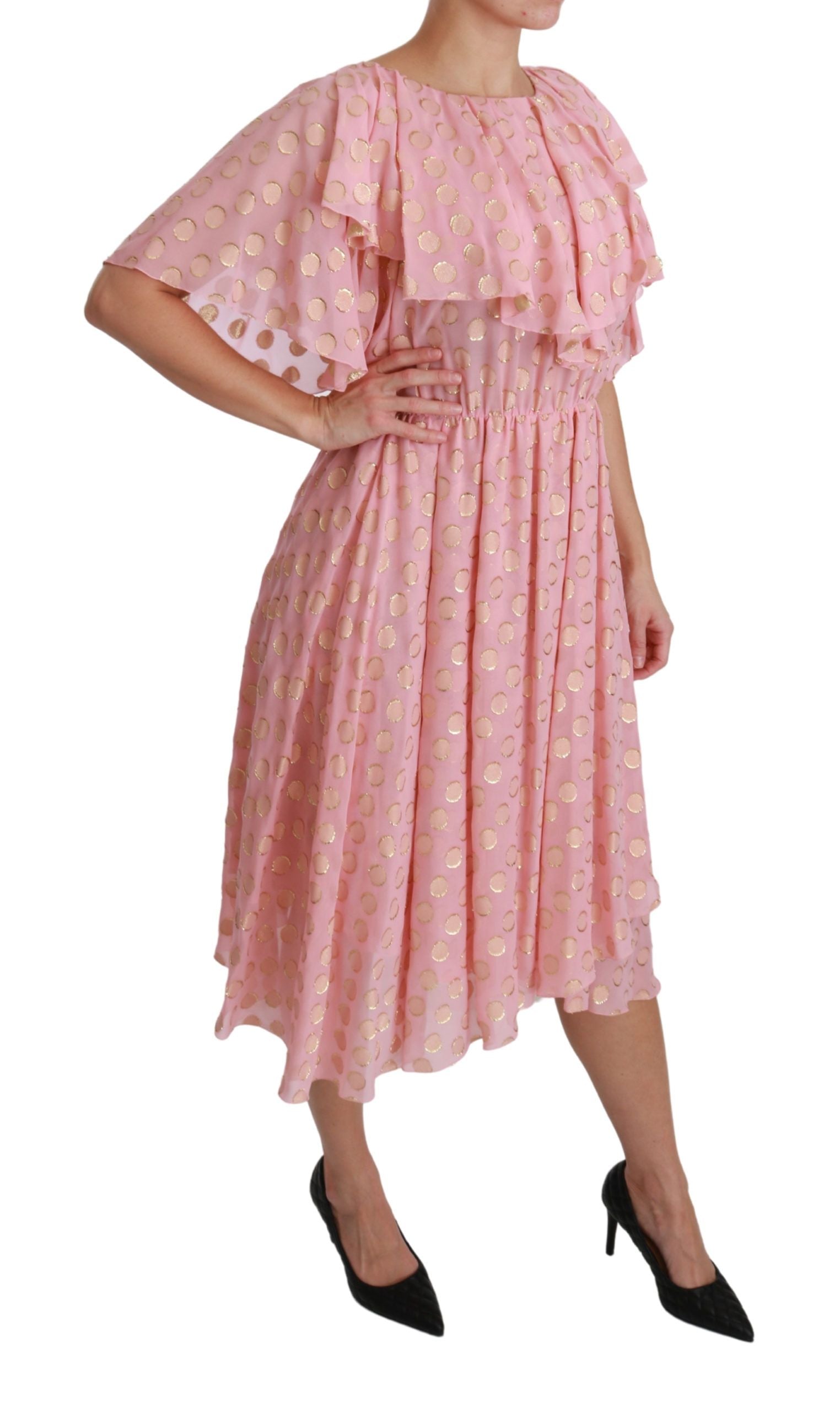 Dolce & Gabbana Silk Pink Polka Dots Pleated A-line Midi Dress Dolce & Gabbana