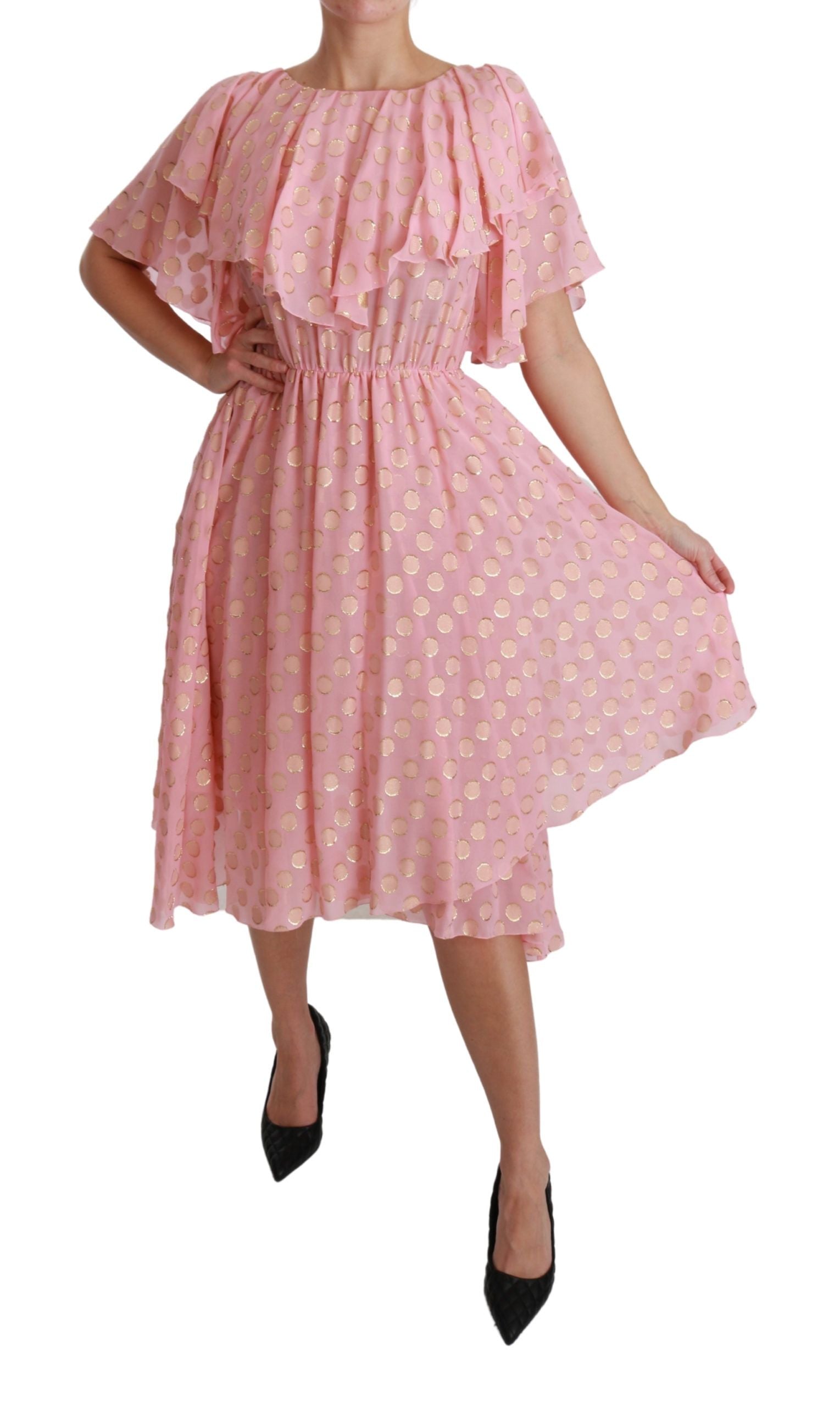 Dolce & Gabbana Silk Pink Polka Dots Pleated A-line Midi Dress Dolce & Gabbana