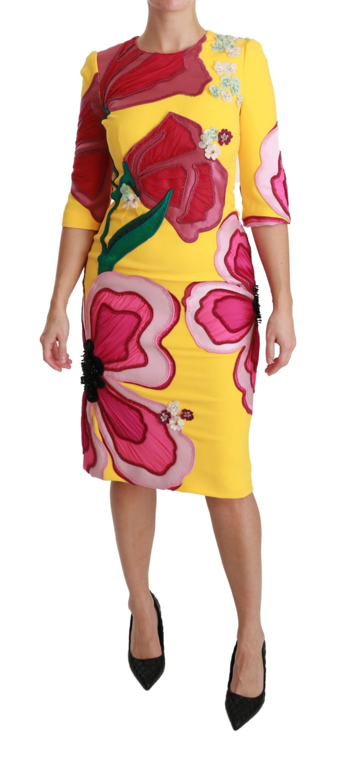 Dolce & Gabbana Yellow Floral Crystal Bodycon Sheath Dress Dolce & Gabbana