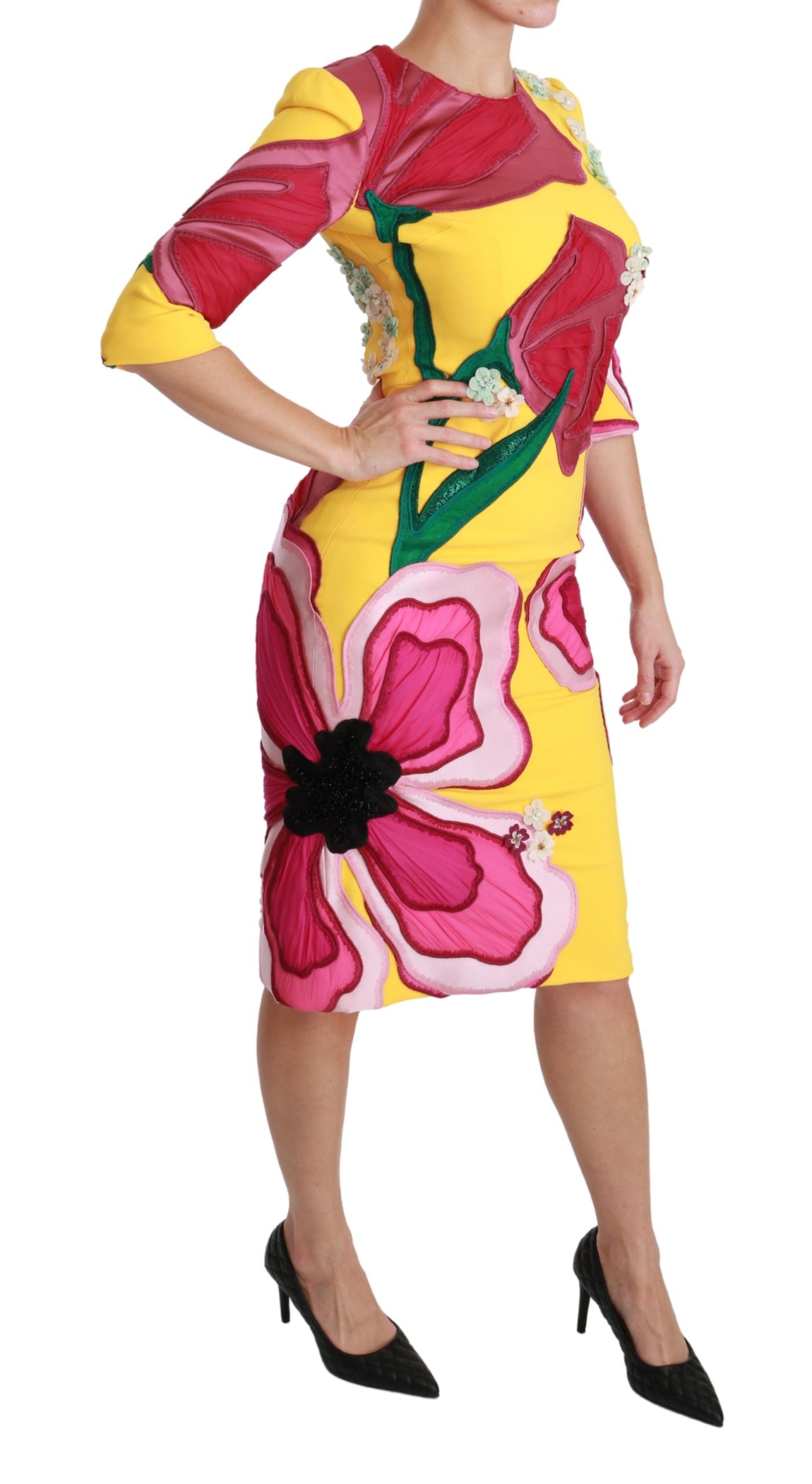 Dolce & Gabbana Yellow Floral Crystal Bodycon Sheath Dress Dolce & Gabbana