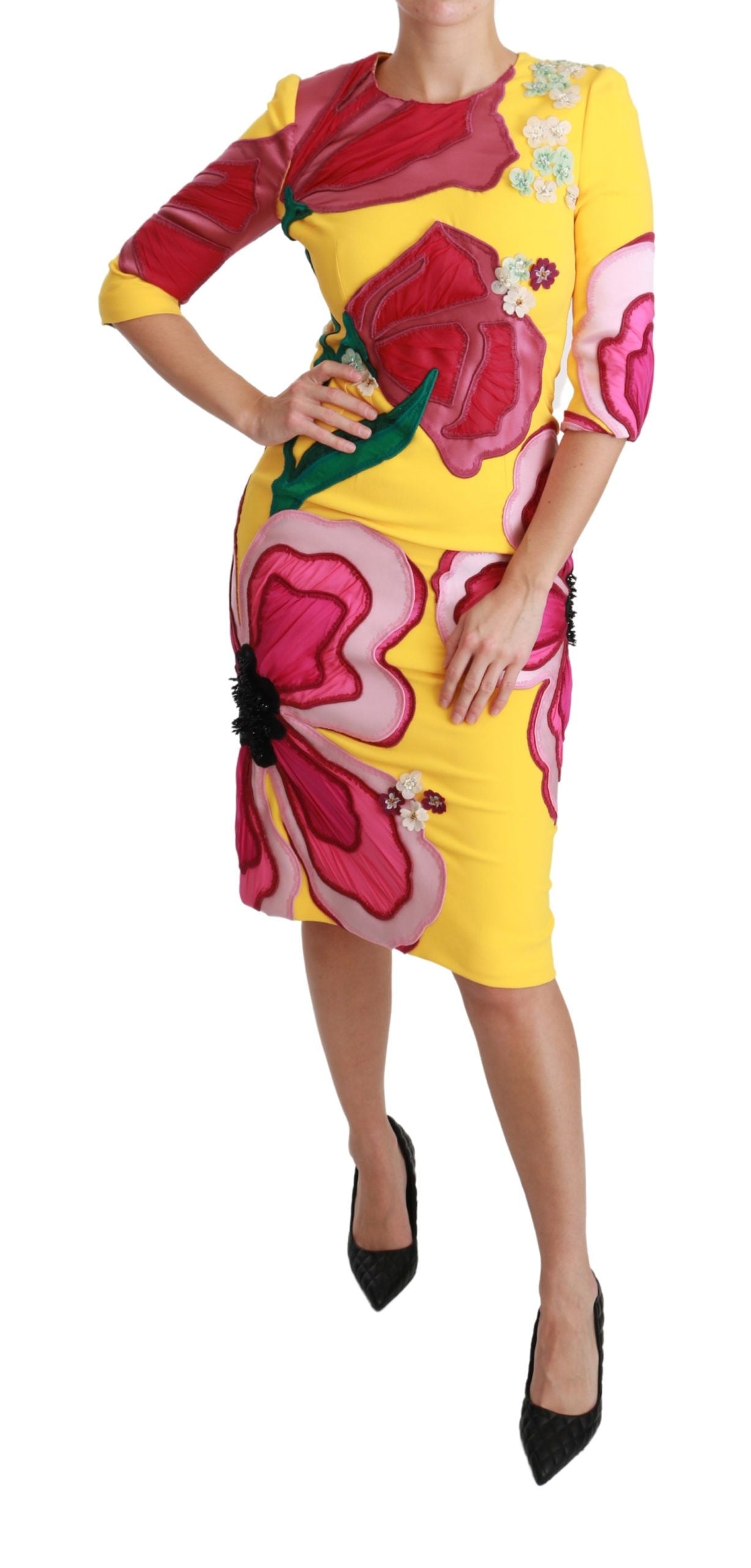 Dolce & Gabbana Yellow Floral Crystal Bodycon Sheath Dress Dolce & Gabbana