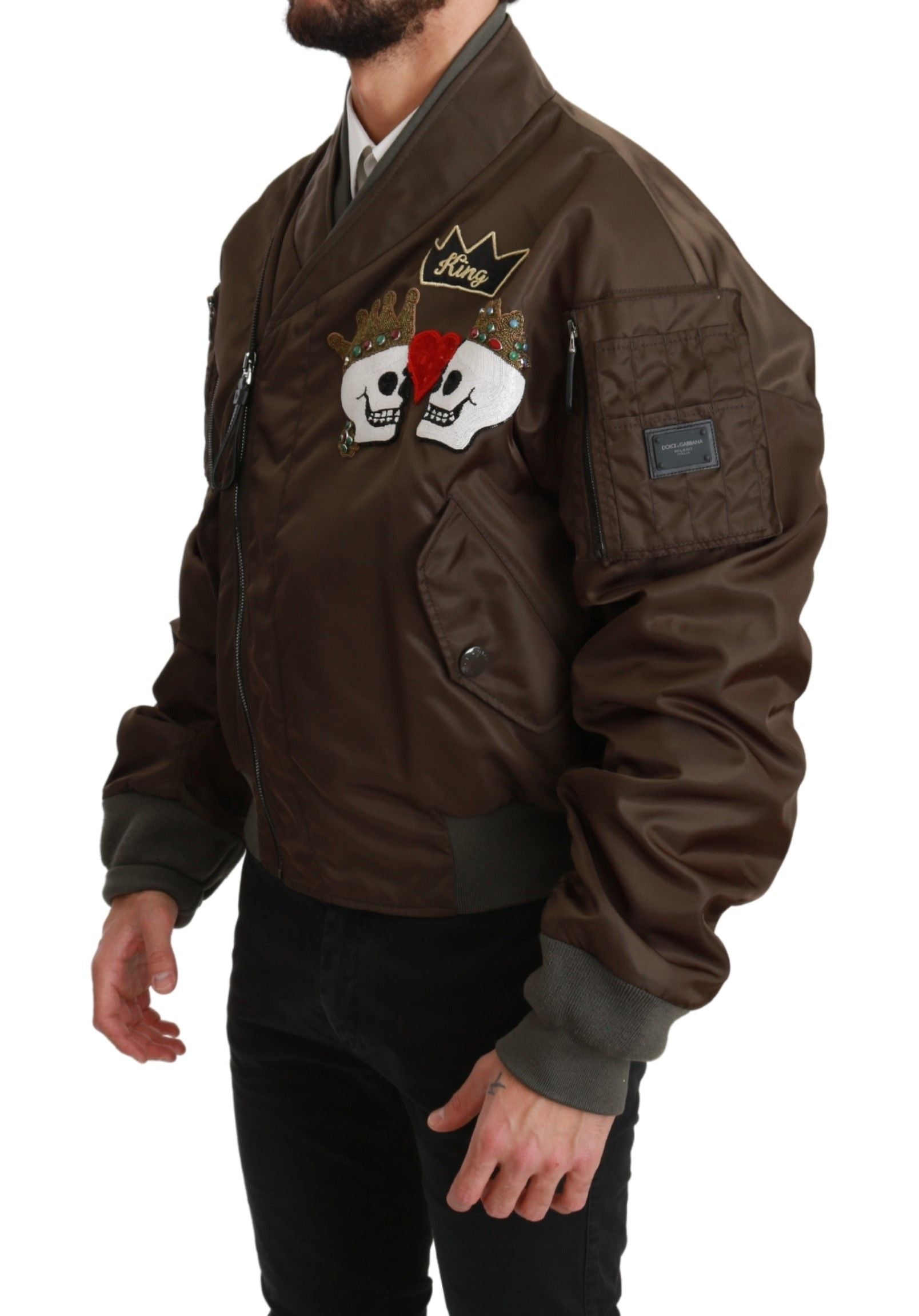 Dolce & Gabbana Brown Beaded Crown Skull Logo Jacket Dolce & Gabbana