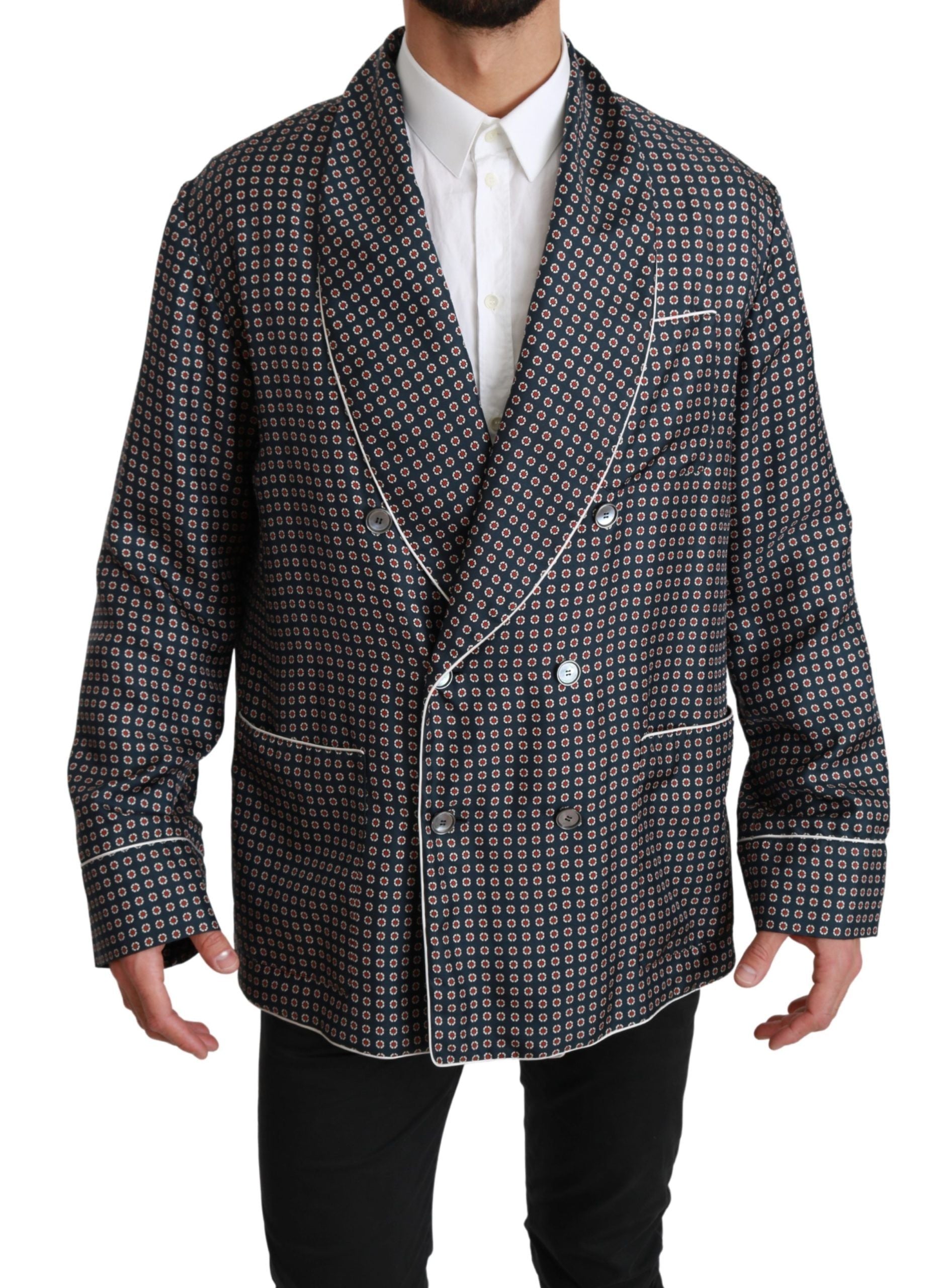 Dolce & Gabbana Navy Blue Patterned Double Breasted Coat Jacket Dolce & Gabbana