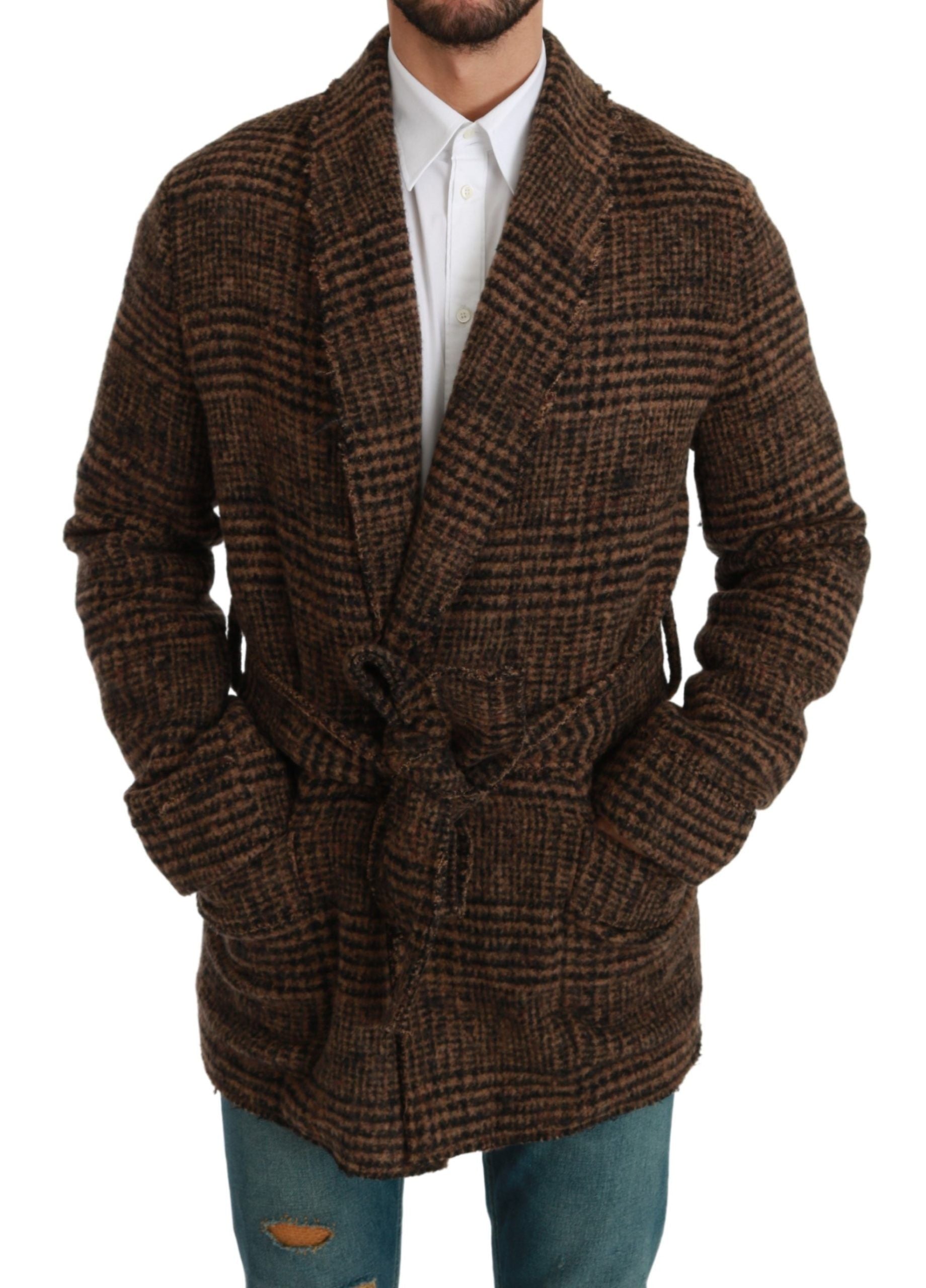 Dolce & Gabbana Brown Checkered Wool Robe Coat  Wrap Jacket Dolce & Gabbana
