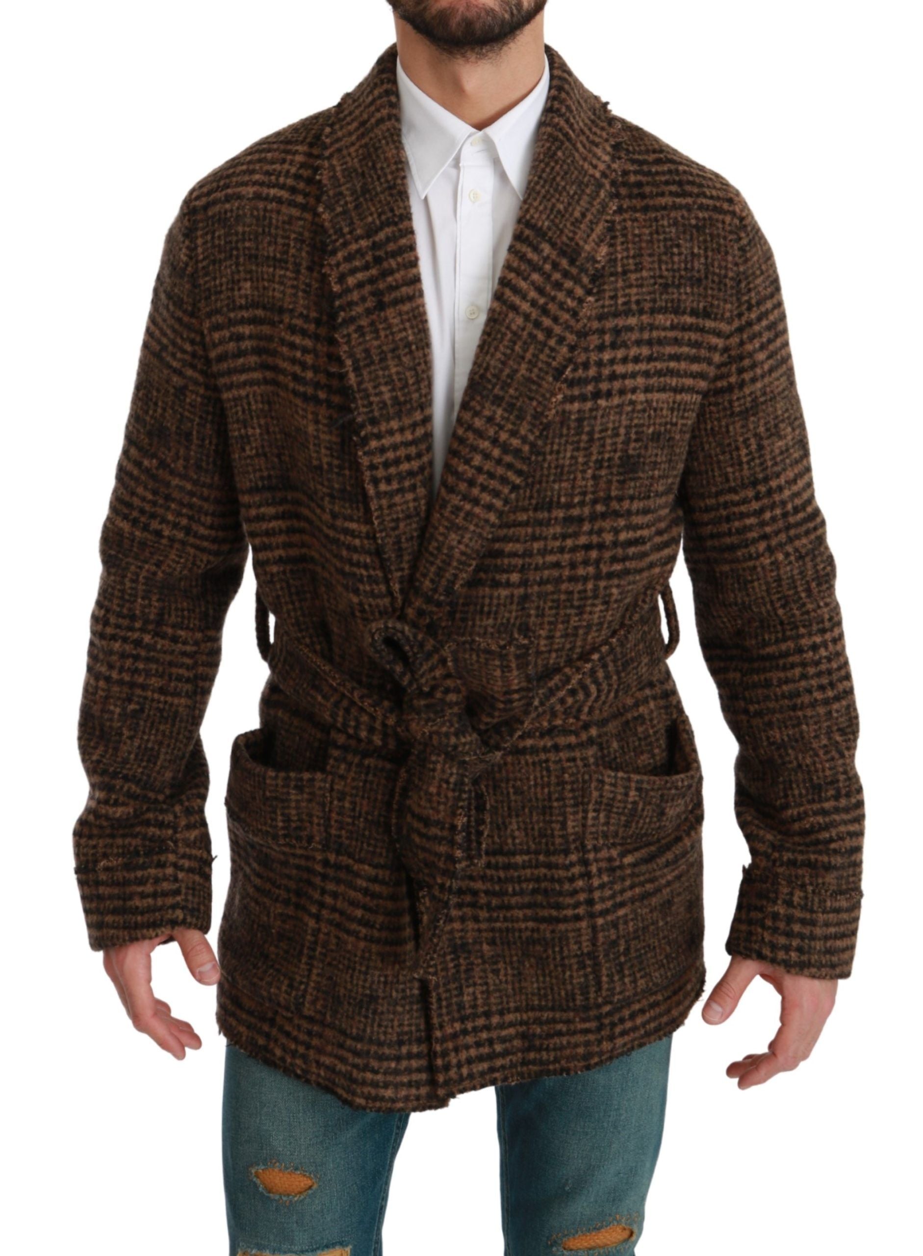 Dolce & Gabbana Brown Checkered Wool Robe Coat  Wrap Jacket Dolce & Gabbana