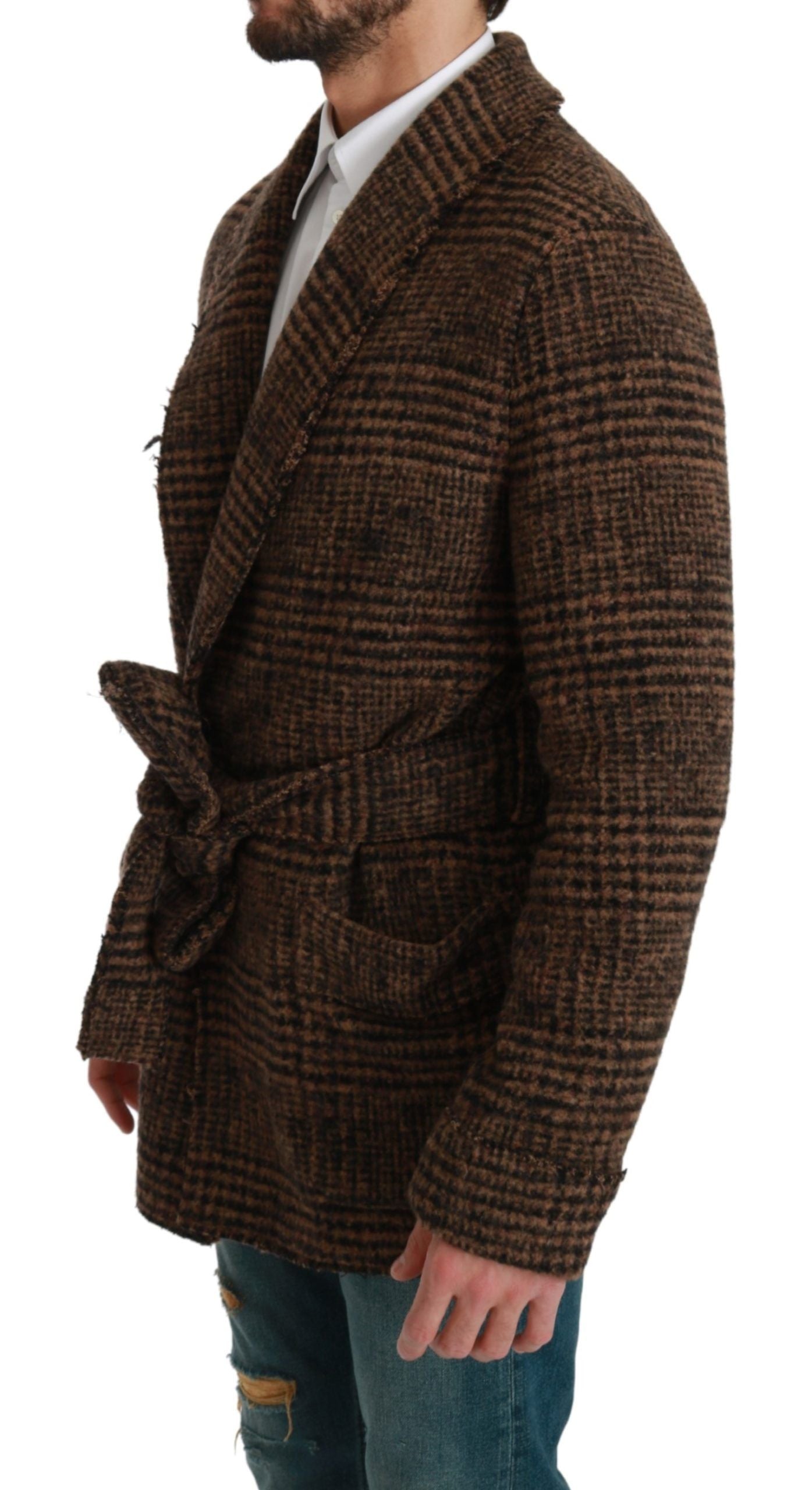 Dolce & Gabbana Brown Checkered Wool Robe Coat  Wrap Jacket Dolce & Gabbana