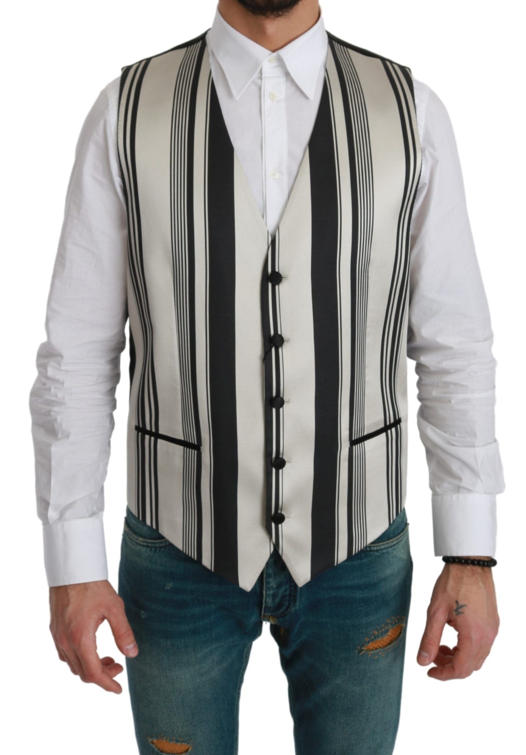 Dolce & Gabbana White Black Stripes Waistcoat Formal Vest Dolce & Gabbana