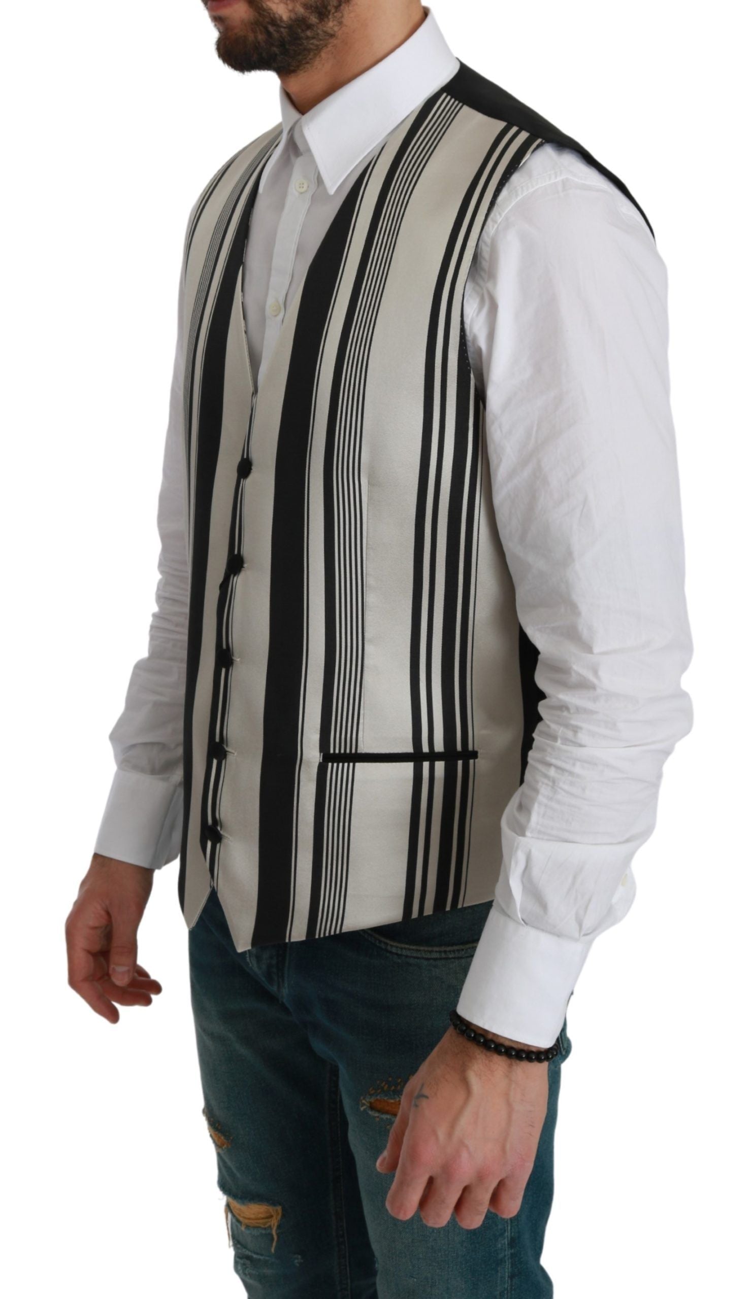 Dolce & Gabbana White Black Stripes Waistcoat Formal Vest Dolce & Gabbana