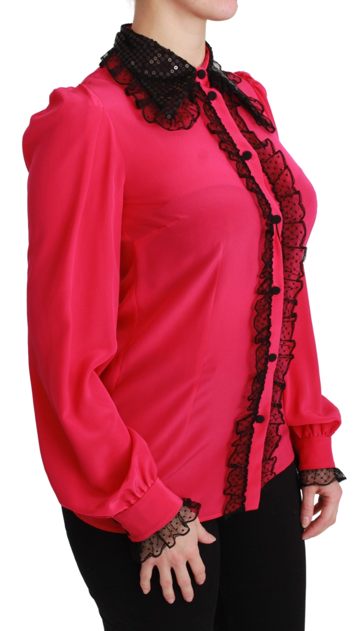 Dolce & Gabbana Pink Silk Black Sequin Lace Shirt Blouse Dolce & Gabbana