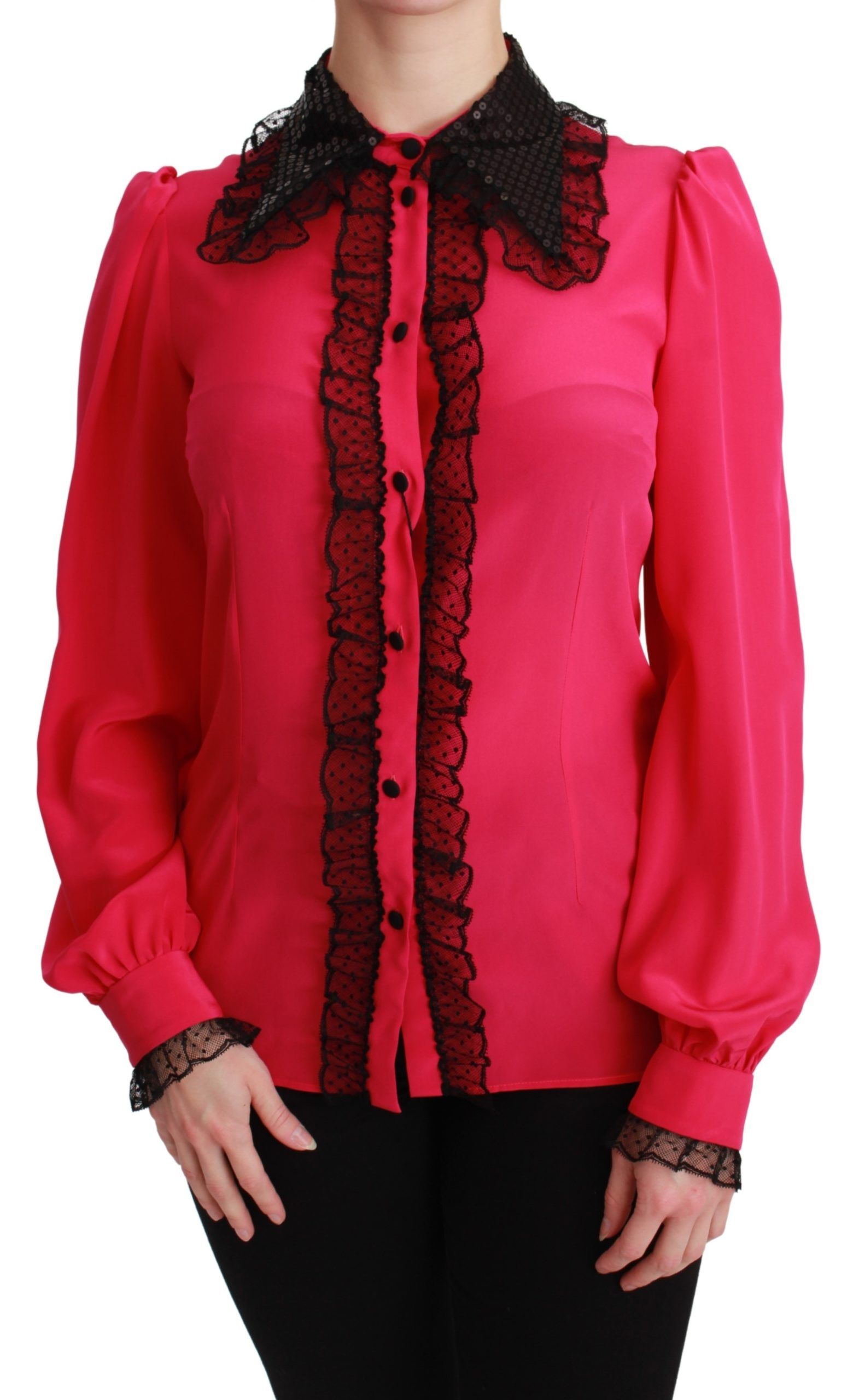 Dolce & Gabbana Pink Silk Black Sequin Lace Shirt Blouse Dolce & Gabbana