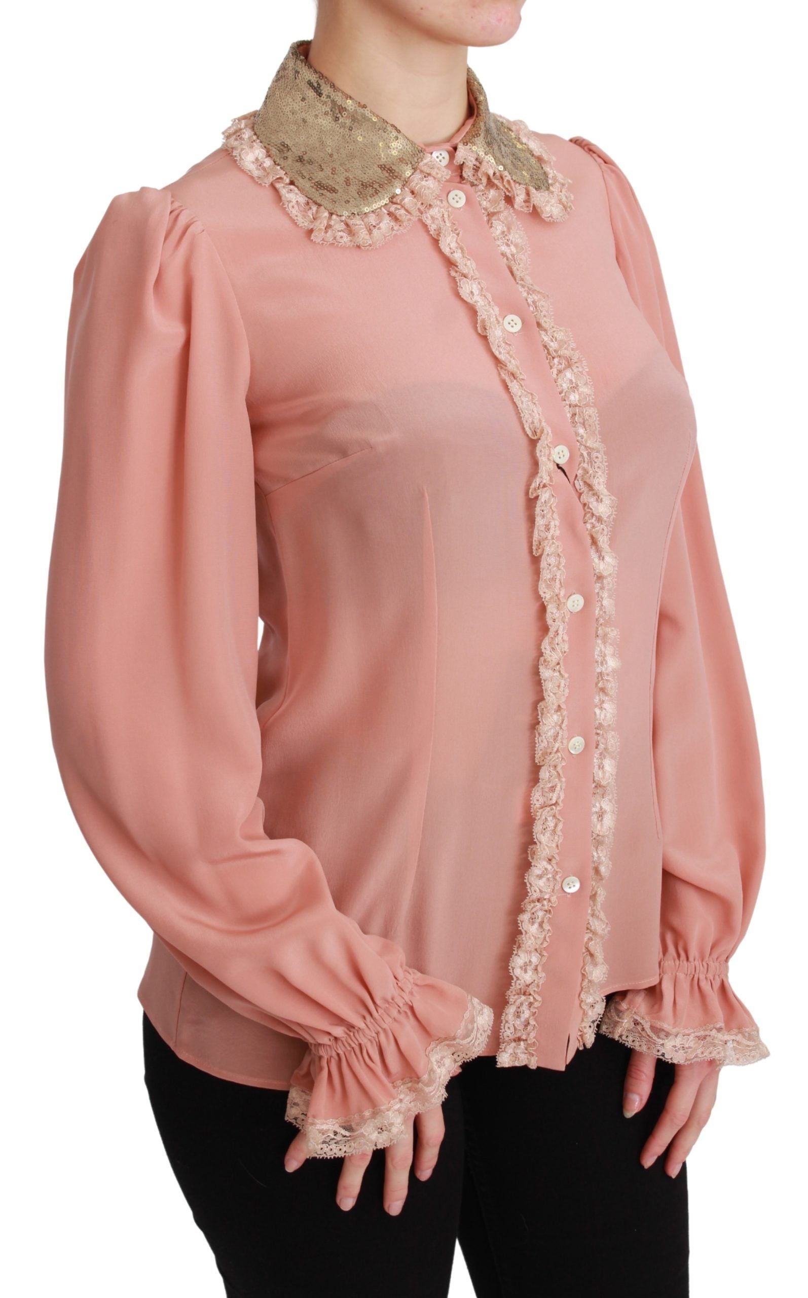 Dolce & Gabbana Pink Silk Gold Sequin Lace Blouse Shirt Dolce & Gabbana