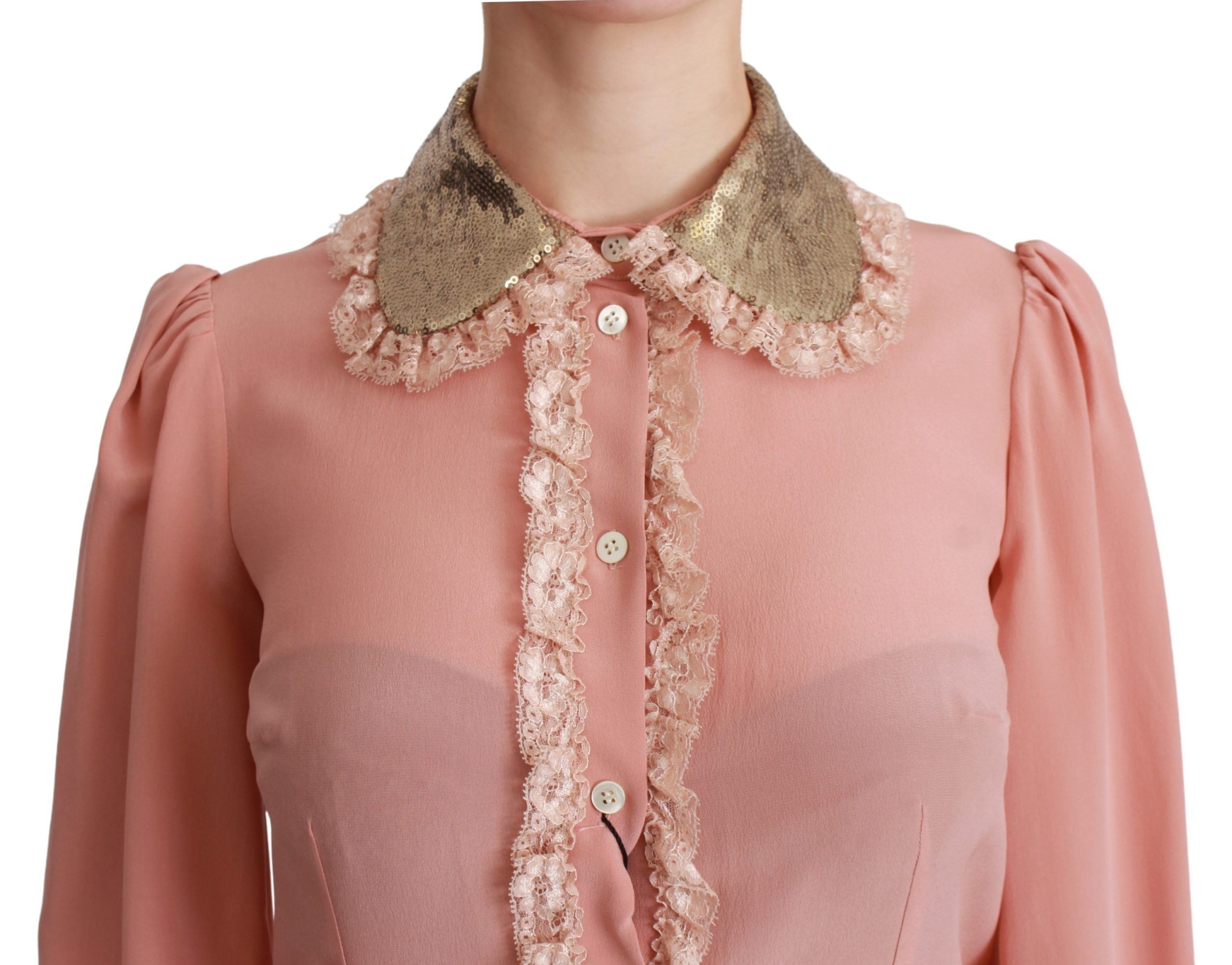 Dolce & Gabbana Pink Silk Gold Sequin Lace Blouse Shirt Dolce & Gabbana