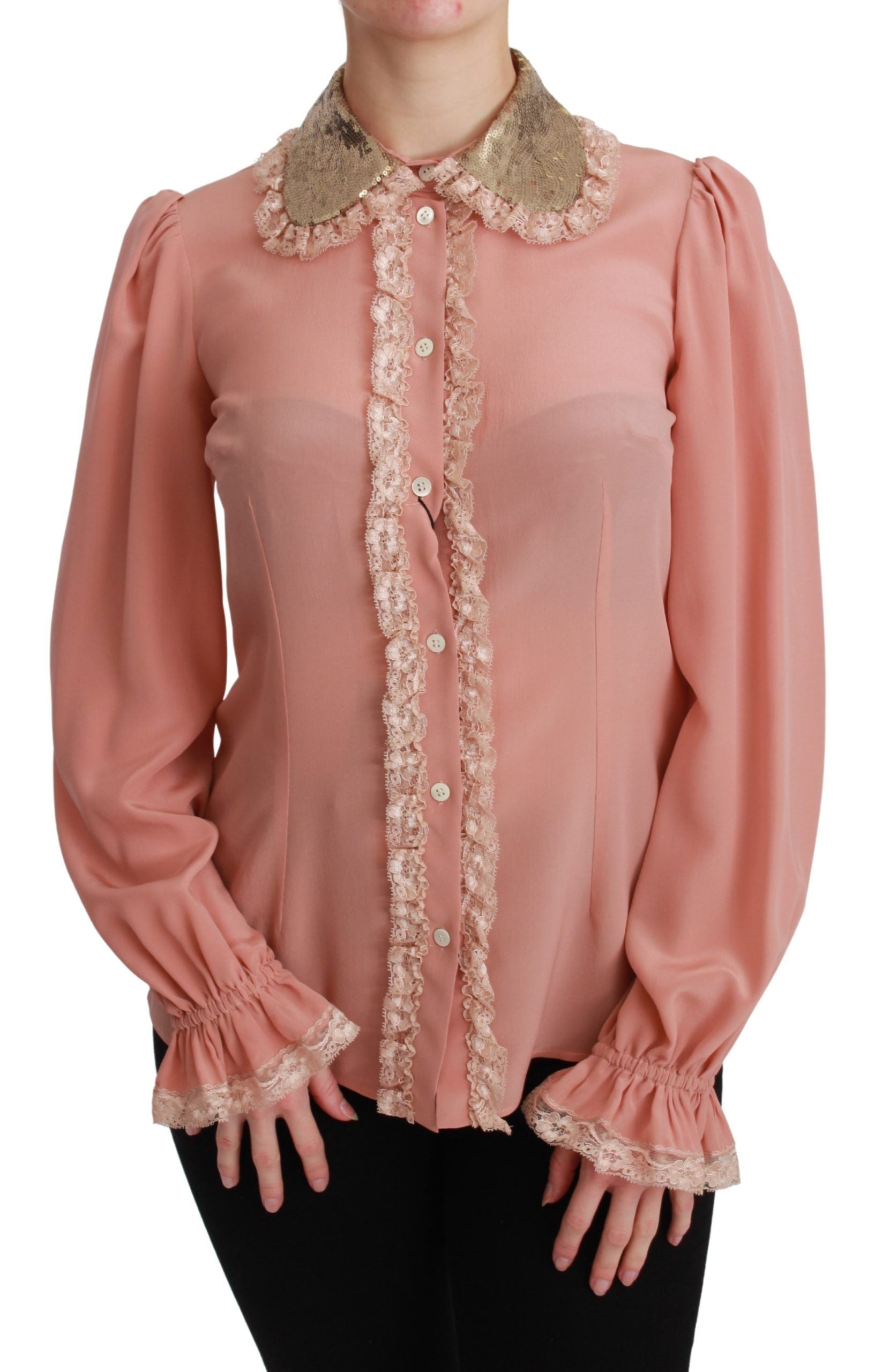 Dolce & Gabbana Pink Silk Gold Sequin Lace Blouse Shirt Dolce & Gabbana