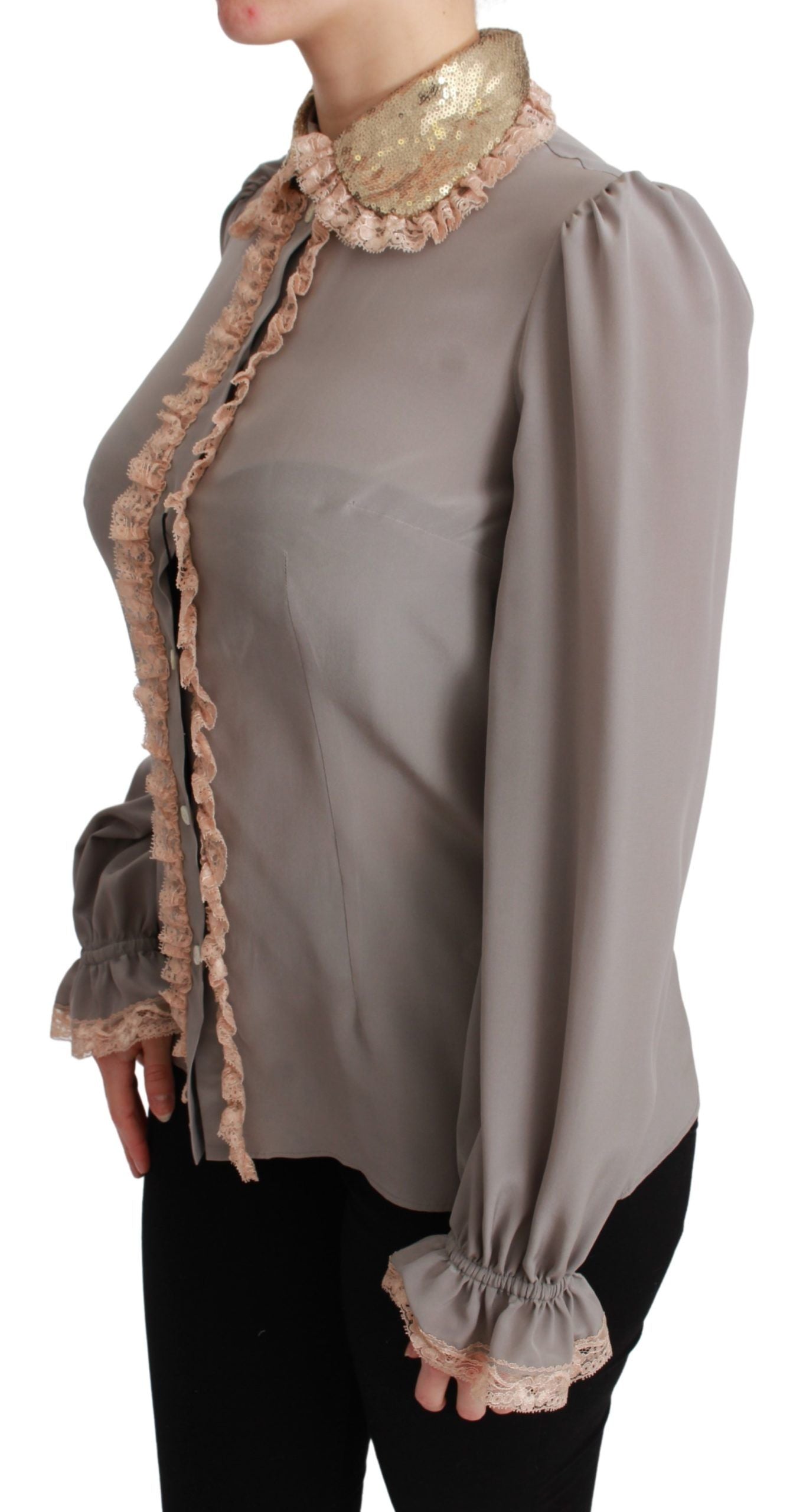 Dolce & Gabbana Gray Silk Gold Sequin Lace Blouse Shirt Dolce & Gabbana