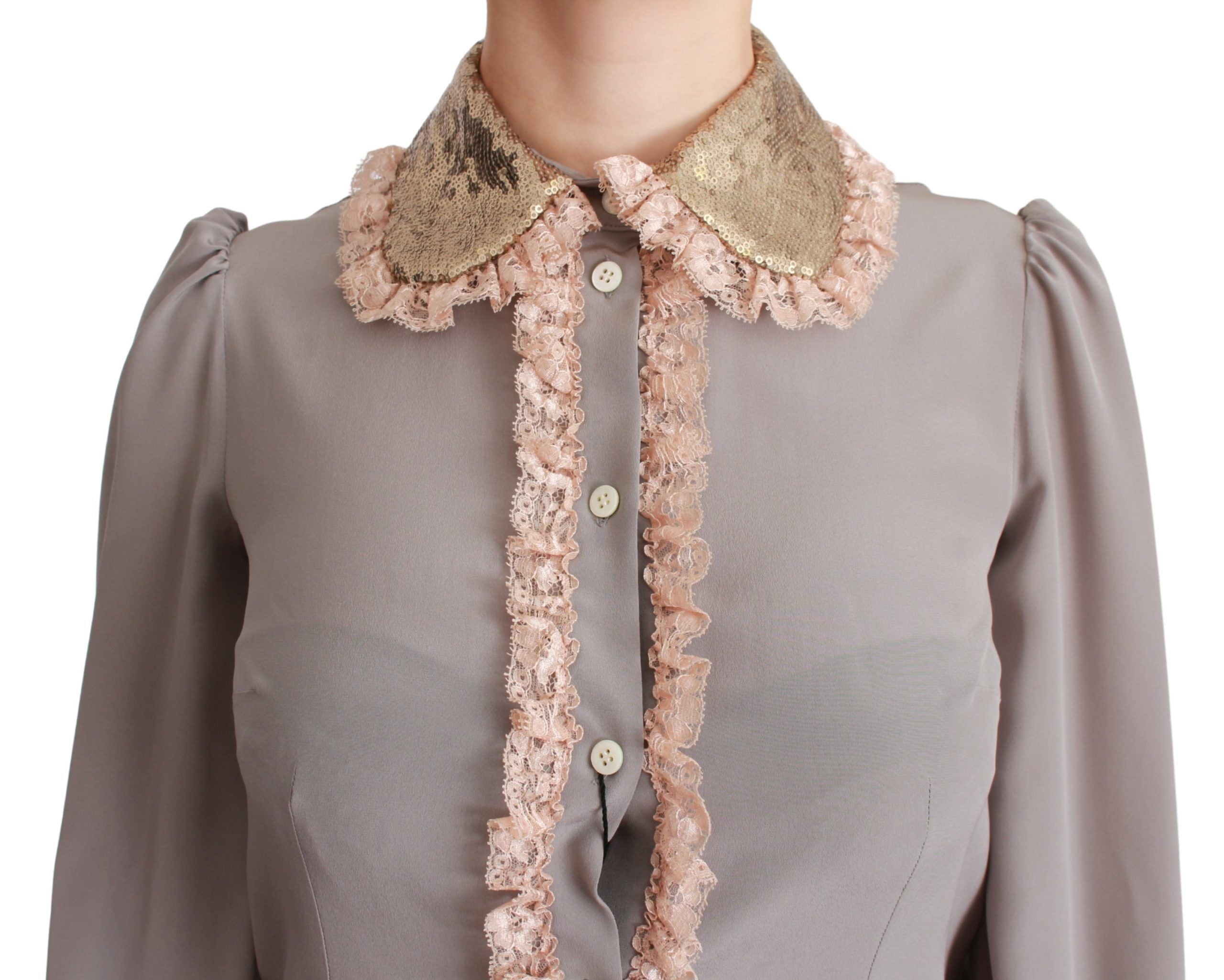 Dolce & Gabbana Gray Silk Gold Sequin Lace Blouse Shirt Dolce & Gabbana