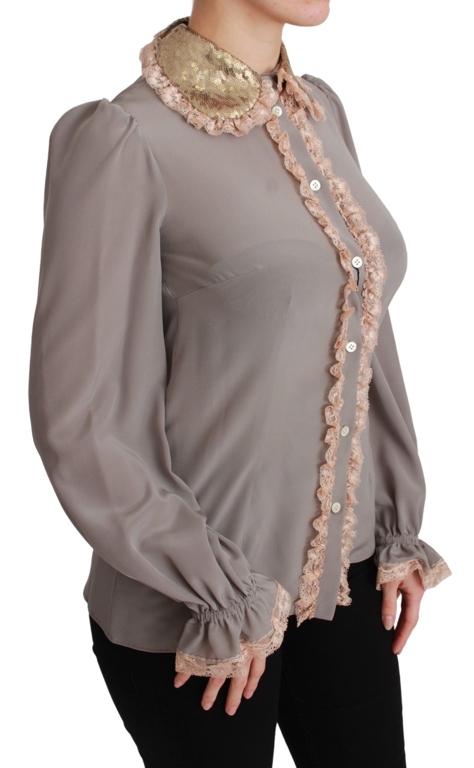 Dolce & Gabbana Gray Silk Gold Sequin Lace Blouse Shirt Dolce & Gabbana
