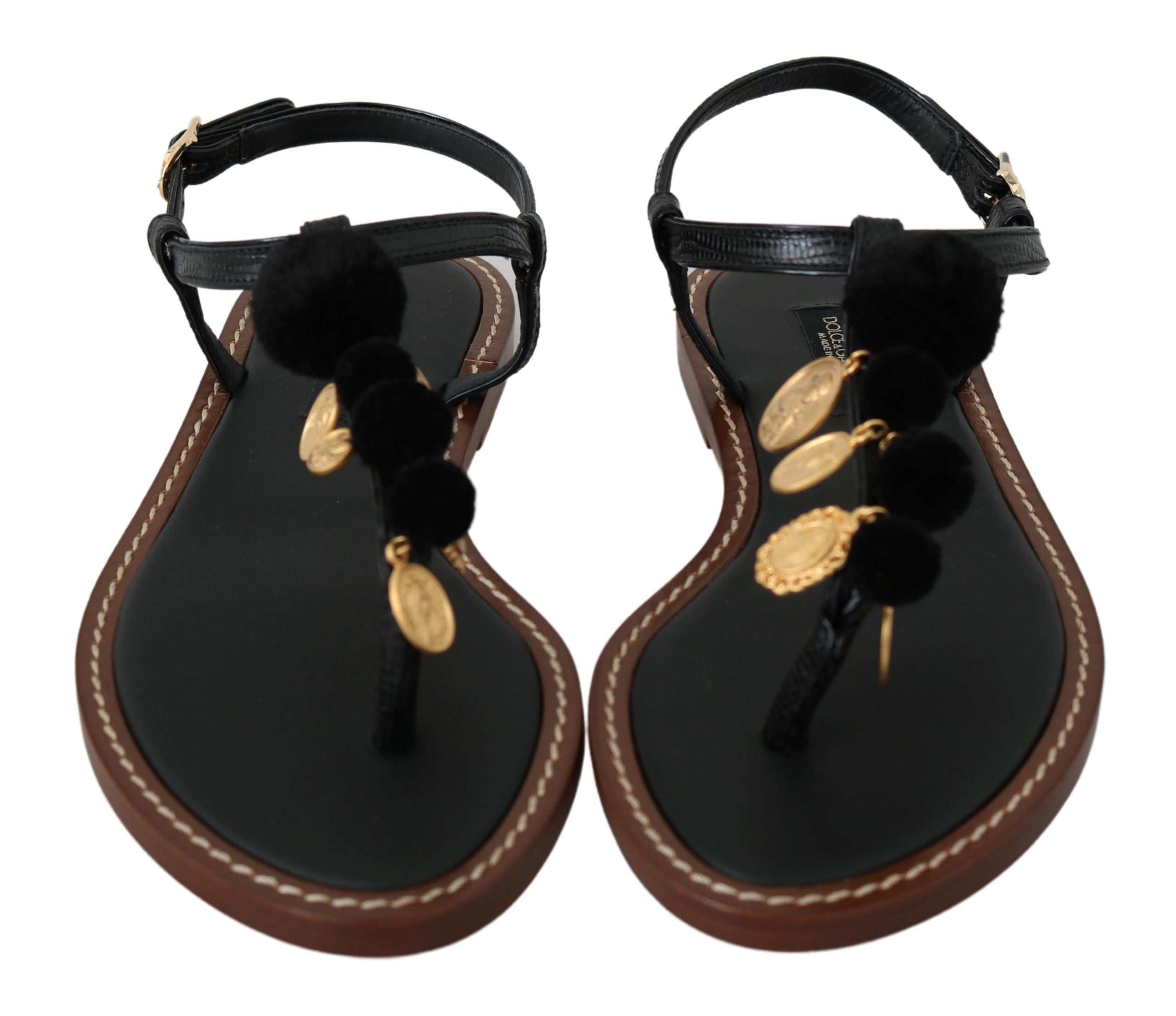 Dolce & Gabbana Black Leather Coins Flip Flops Sandals Shoes Dolce & Gabbana