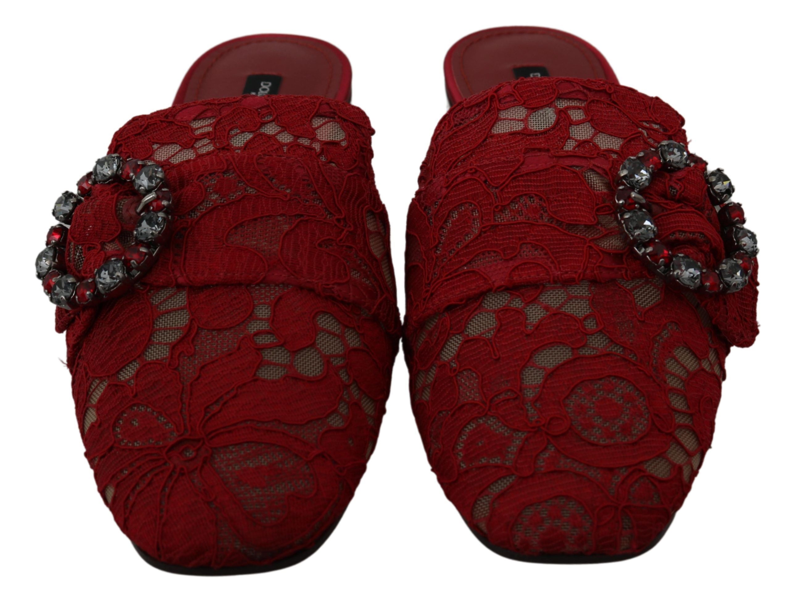 Dolce & Gabbana Red Lace Crystal Slide On Flats Shoes Dolce & Gabbana